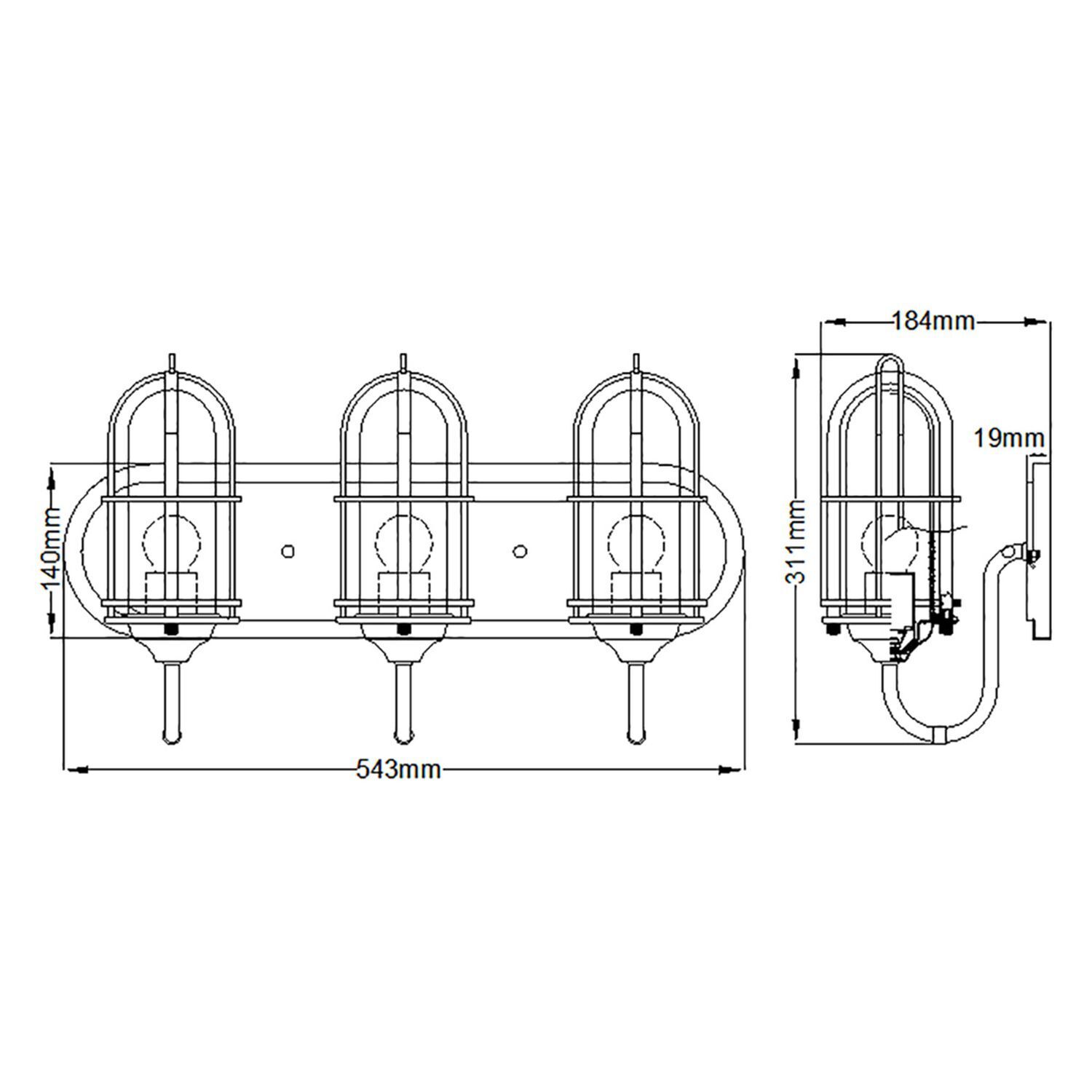 Lampe de salle de bain miroir métal verre E27 IP44 largeur 54,3 cm CAD-Diagramm, Diagramm