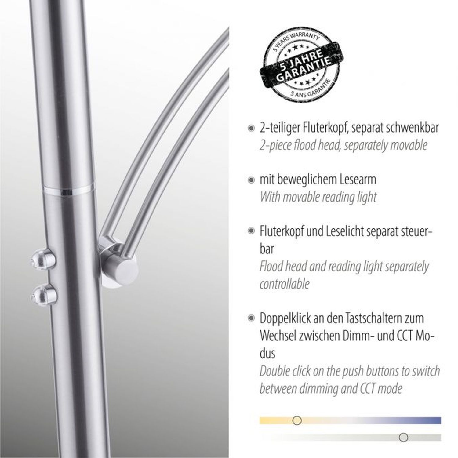 LED Stehlampe mit Lesearm in Stahl Glas 200 cm 5770 lm Drinnen