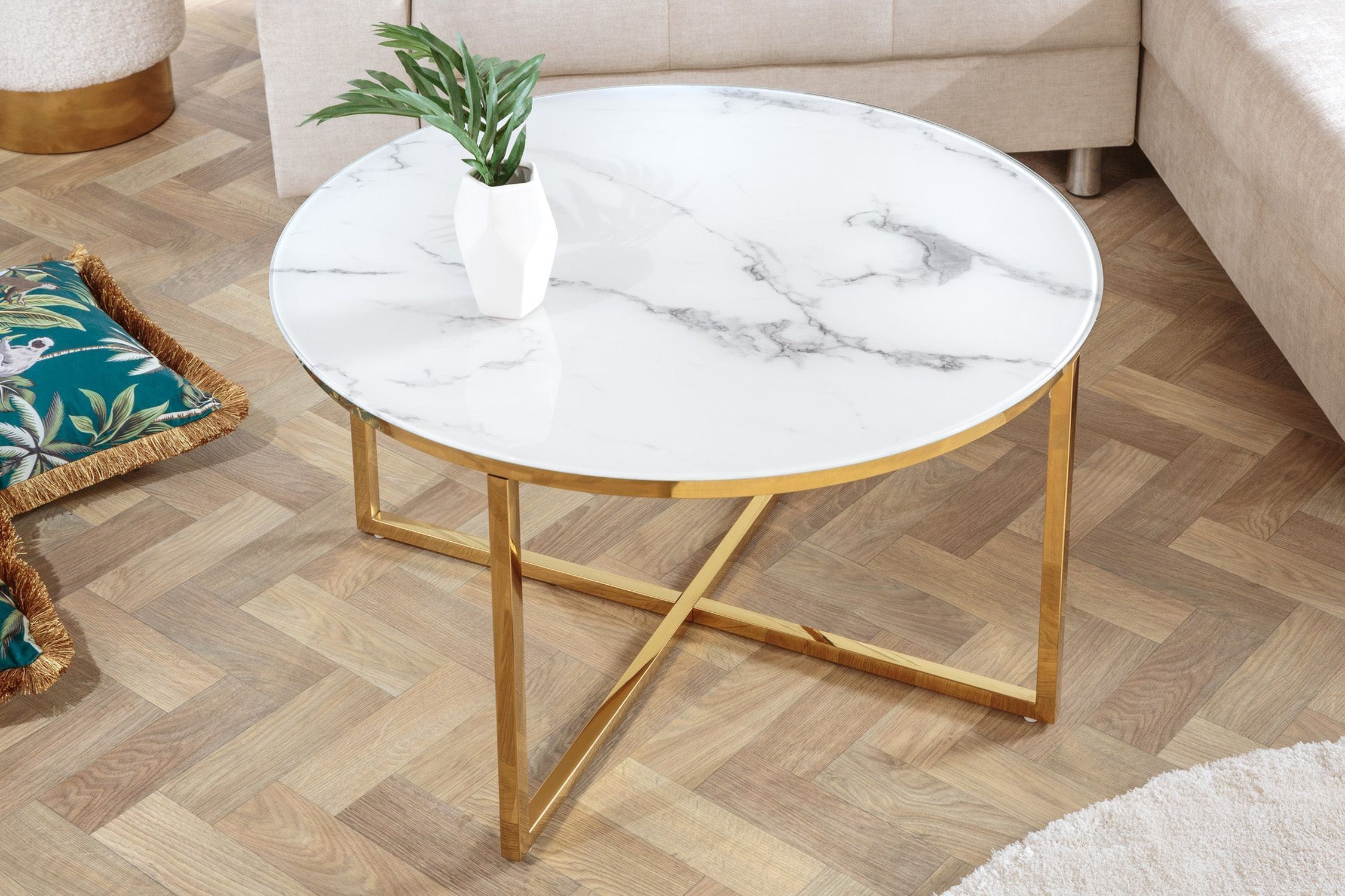 Table basse en verre trempé métal blanc or 80 x 80 cm Moebel, Tabelle, Tischplatte, Kaffeetisch