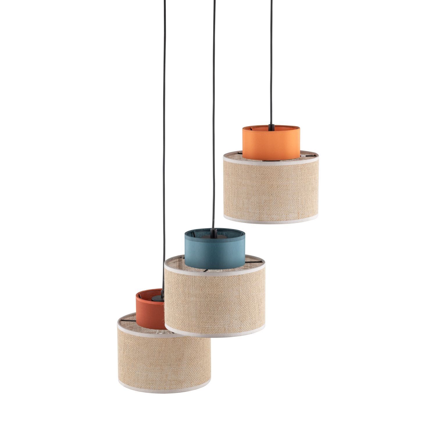Hängelampe Jute Stoff E27 verstellbar 3-flammig Retro Bunt Lampe, Kronleuchter