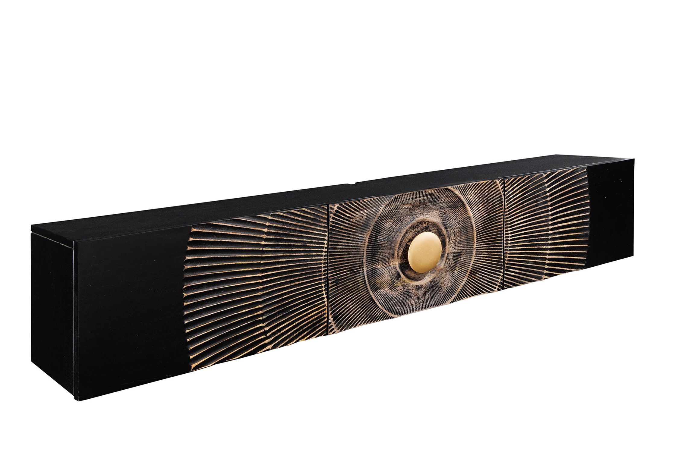 Tableau TV suspendu bois métal 160 cm noir or fait main