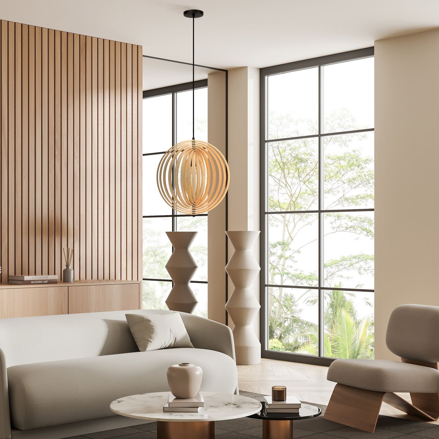 sofa, wohnzimmer, holzverkleidung, lampe, dekorative vase