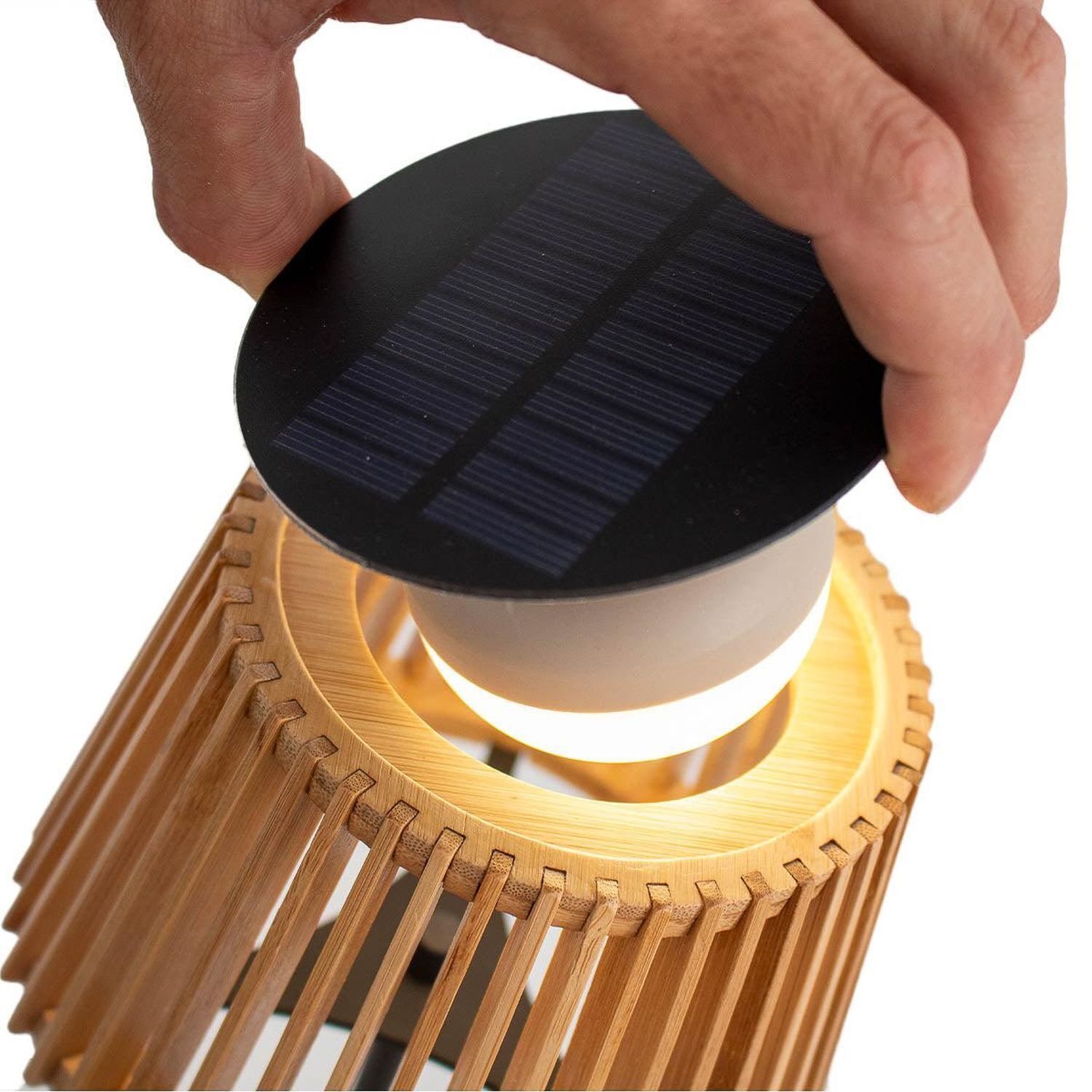 Tragbare LED Tischleuchte Solar Holz Metall 36 cm IP54 2700K Lampe, Drinnen, Innenarchitektur, Holz, Klebeband