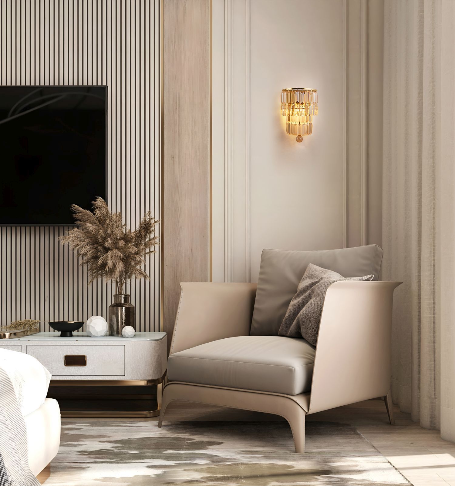 Wandlampe Glas Metall E14 IP44 in Messing Champagner Wohnzimmer, Sessel, Beige, Wandlampe, TV-Möbel