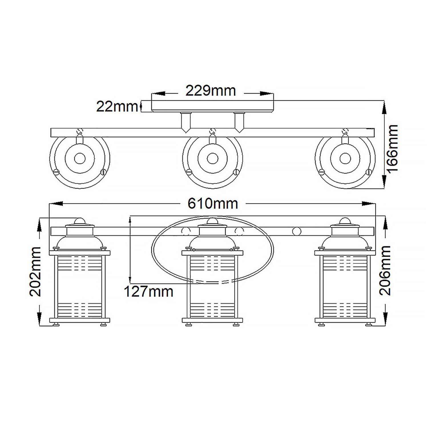 Applique salle de bain chrome IP44 large 61 cm verre métal E27 CAD-Diagramm, Diagramm