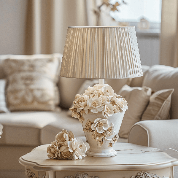 Florale Lampen Tischlampe, Vase, Blumenornament, Keramik, Beige