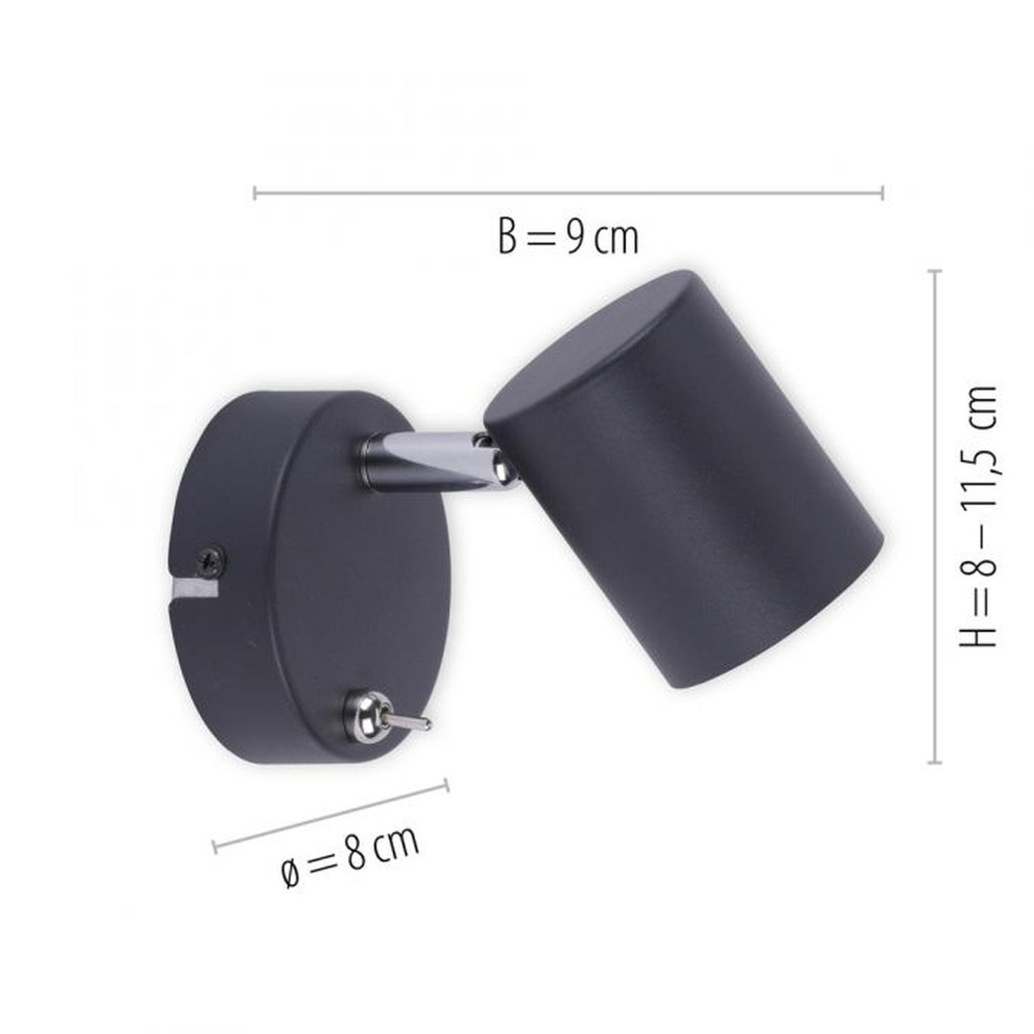 Beweglicher Wandstrahler Schwarz Schalter GU10 T:12 cm