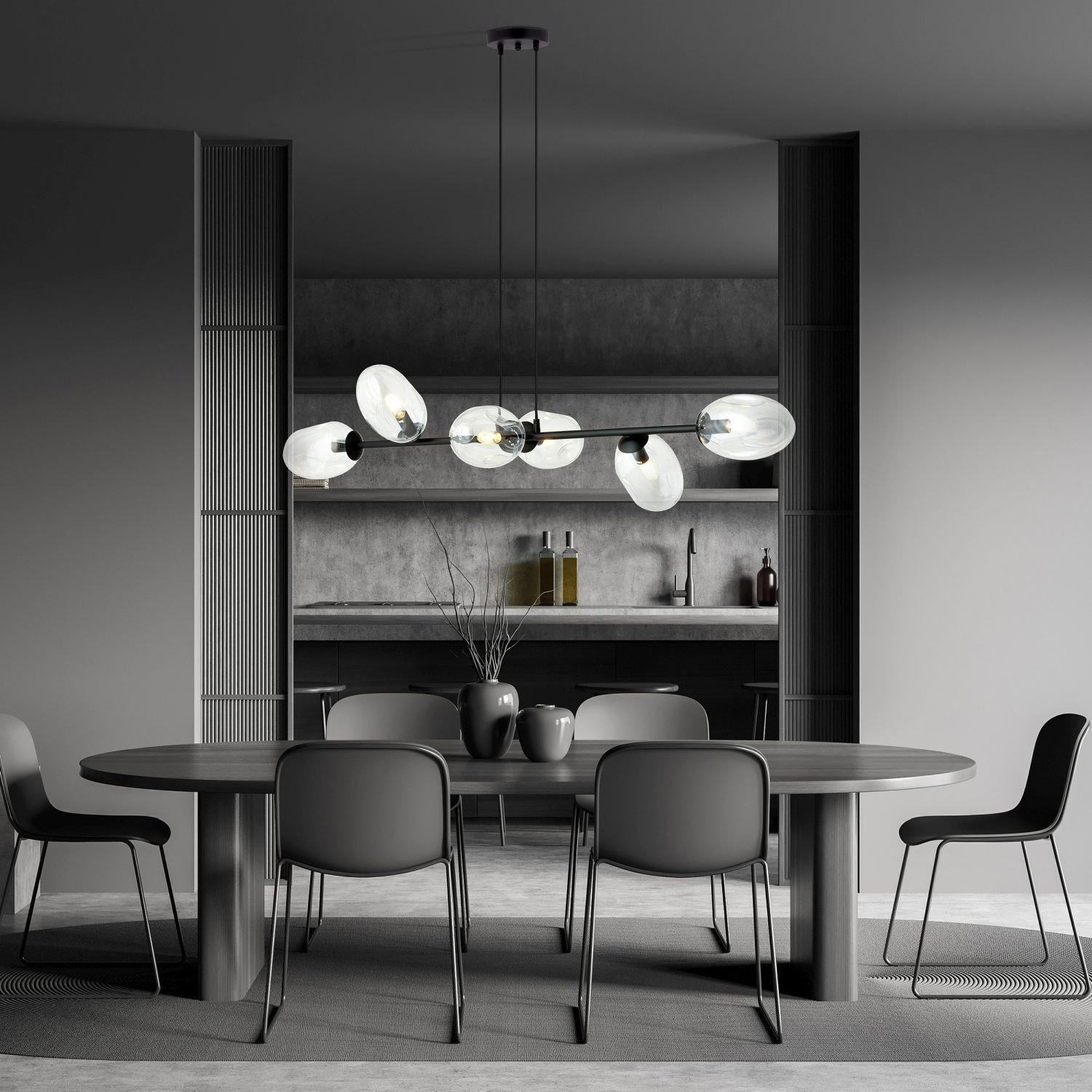 Suspension noir clair 6 flammes 120 cm de long
