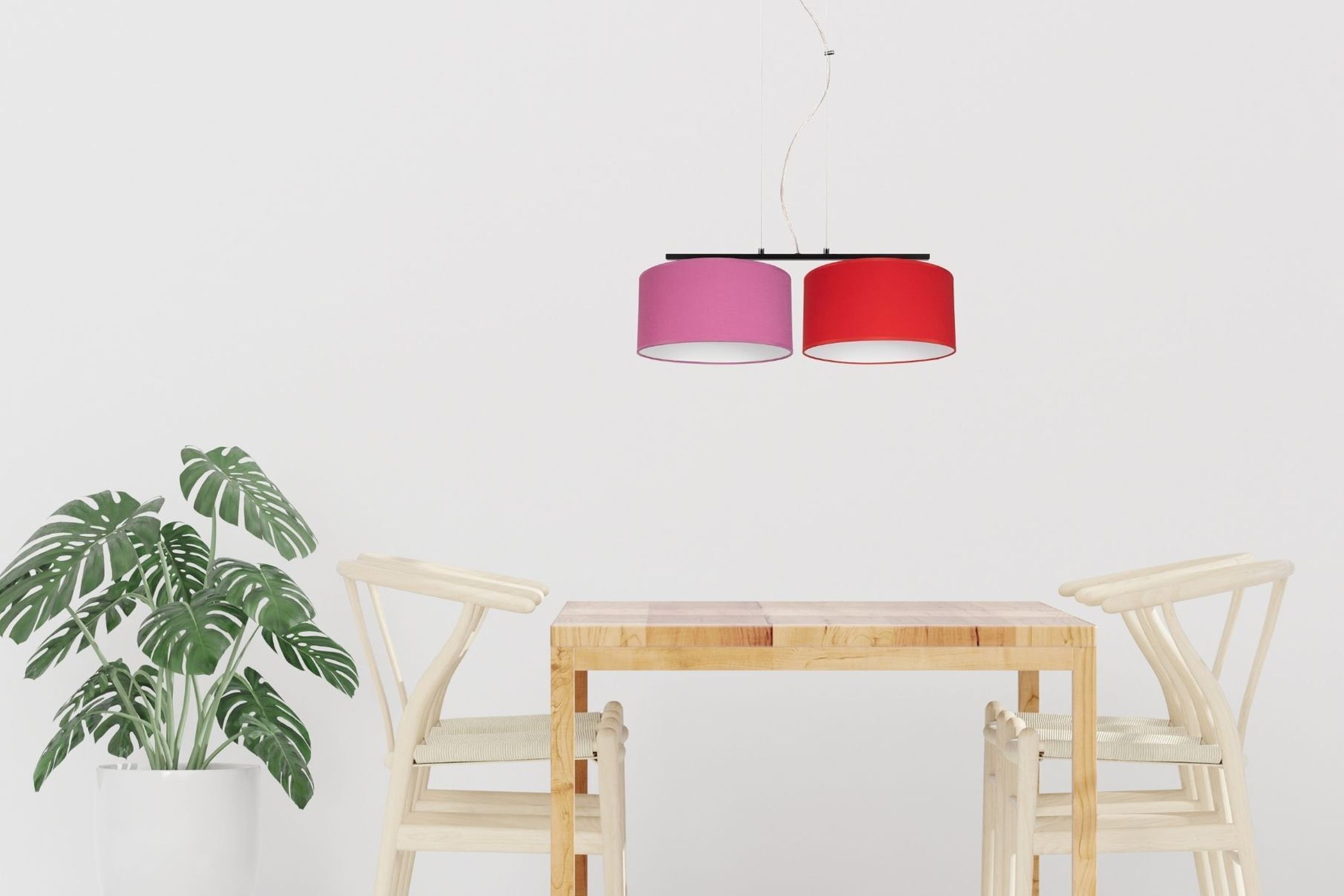 pendant light, pink lampshade, red lampshade, double shade, dining area