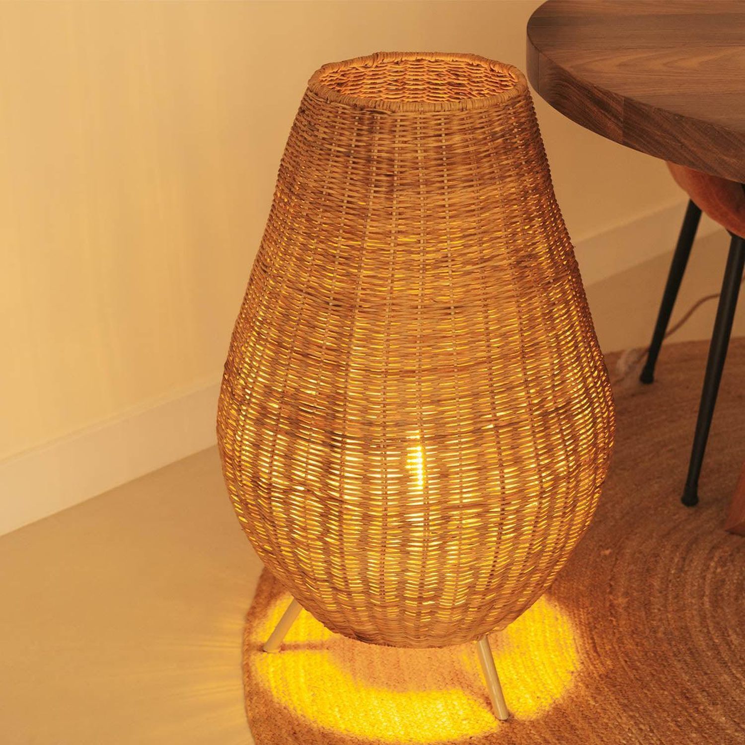 Lampe de table rotin 72 cm trépied câble fiche E27