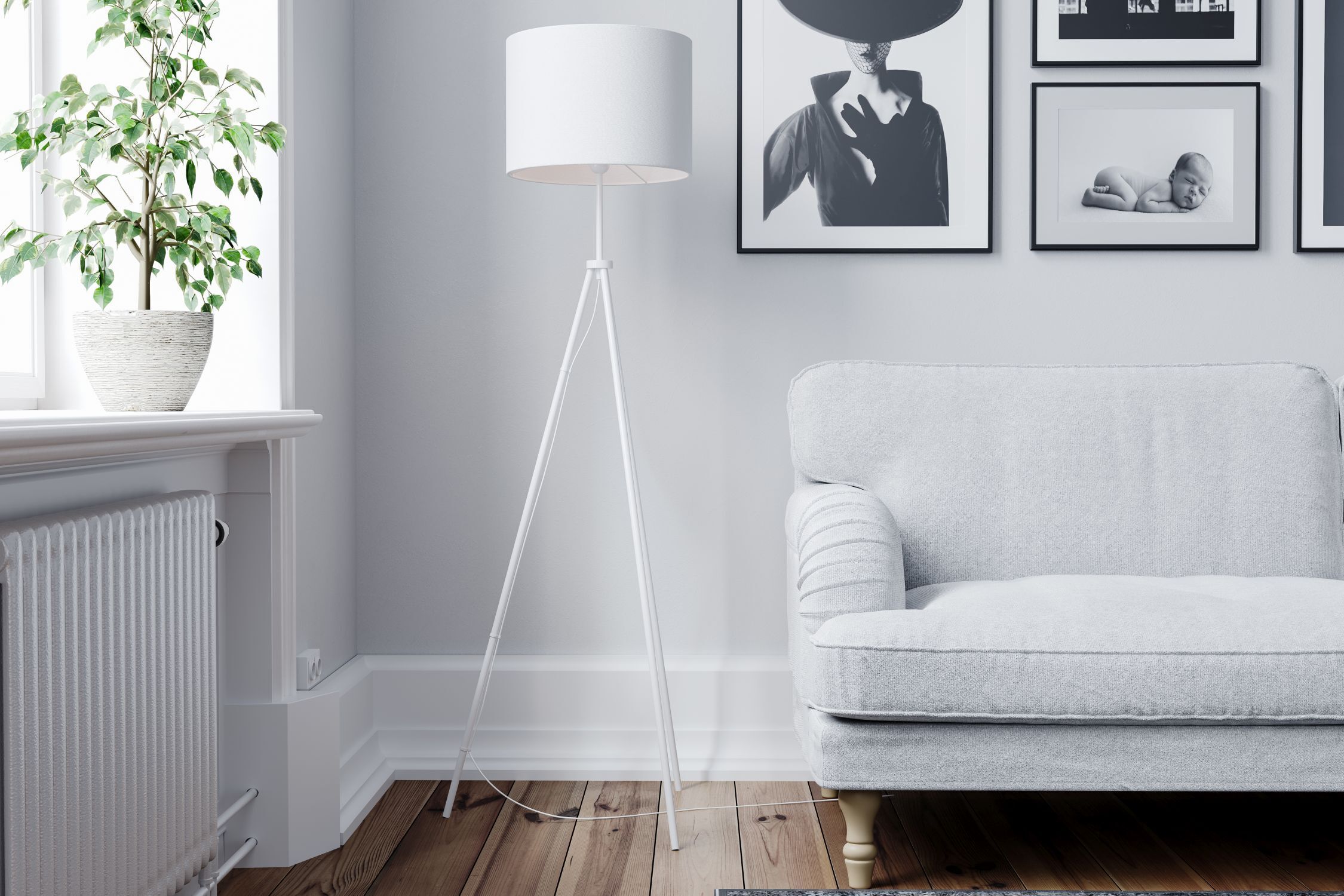Stehleuchte Metall Stoff 145 cm hoch Tripod Weiß E27 Lampe, Stehlampe, Pflanze, Couch, Mobiliar