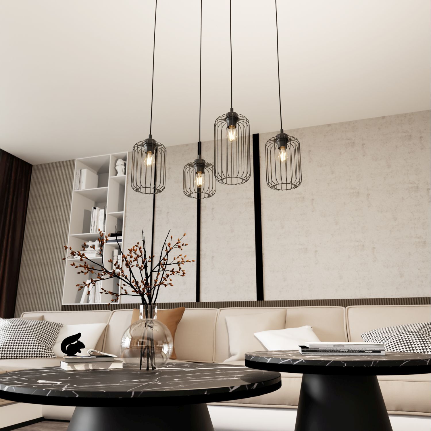 Dekorative Hängelampe Schwarz Metall 70 cm 4-flammig pendant lights, hängende lampen, wohnzimmer, sofa, marmortische