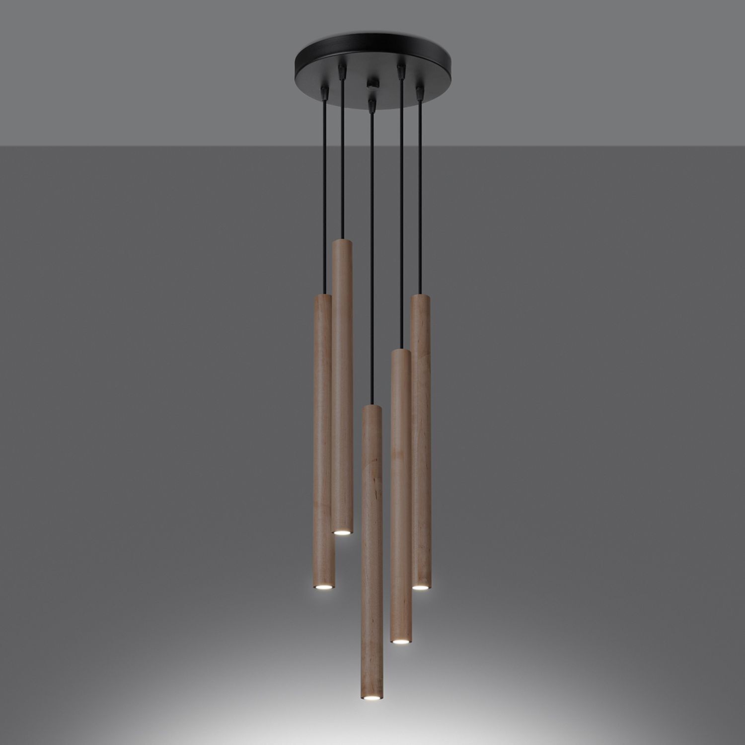 Hängelampe Holz Natur G9 L:25 cm 5-flammig akzentuiert Pendelleuchte, Holztuben, hängende Lampe, Deckenmontage, minimalistisches Design