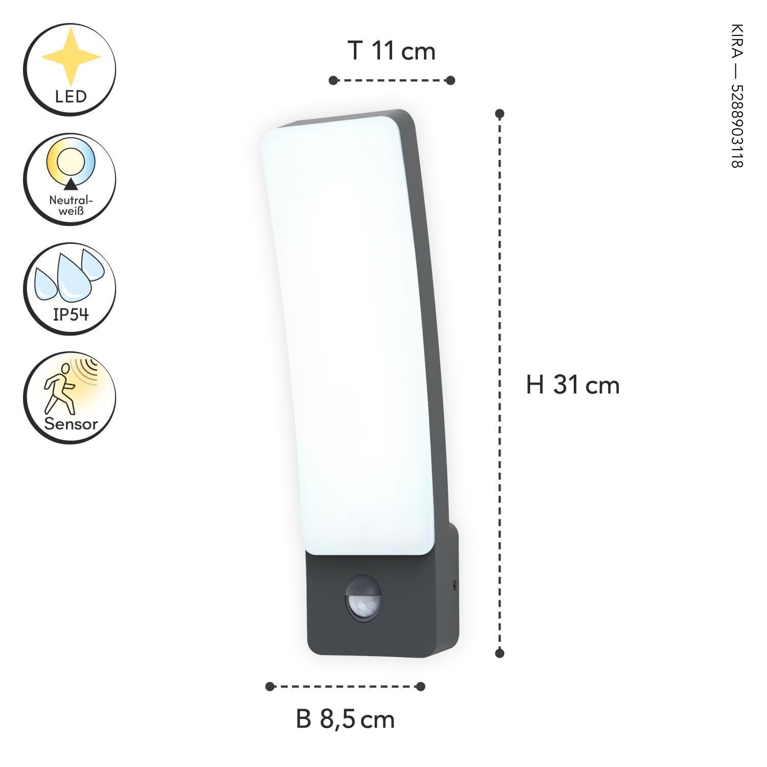Applique murale LED détecteur de mouvement aluminium 4000 K IP54