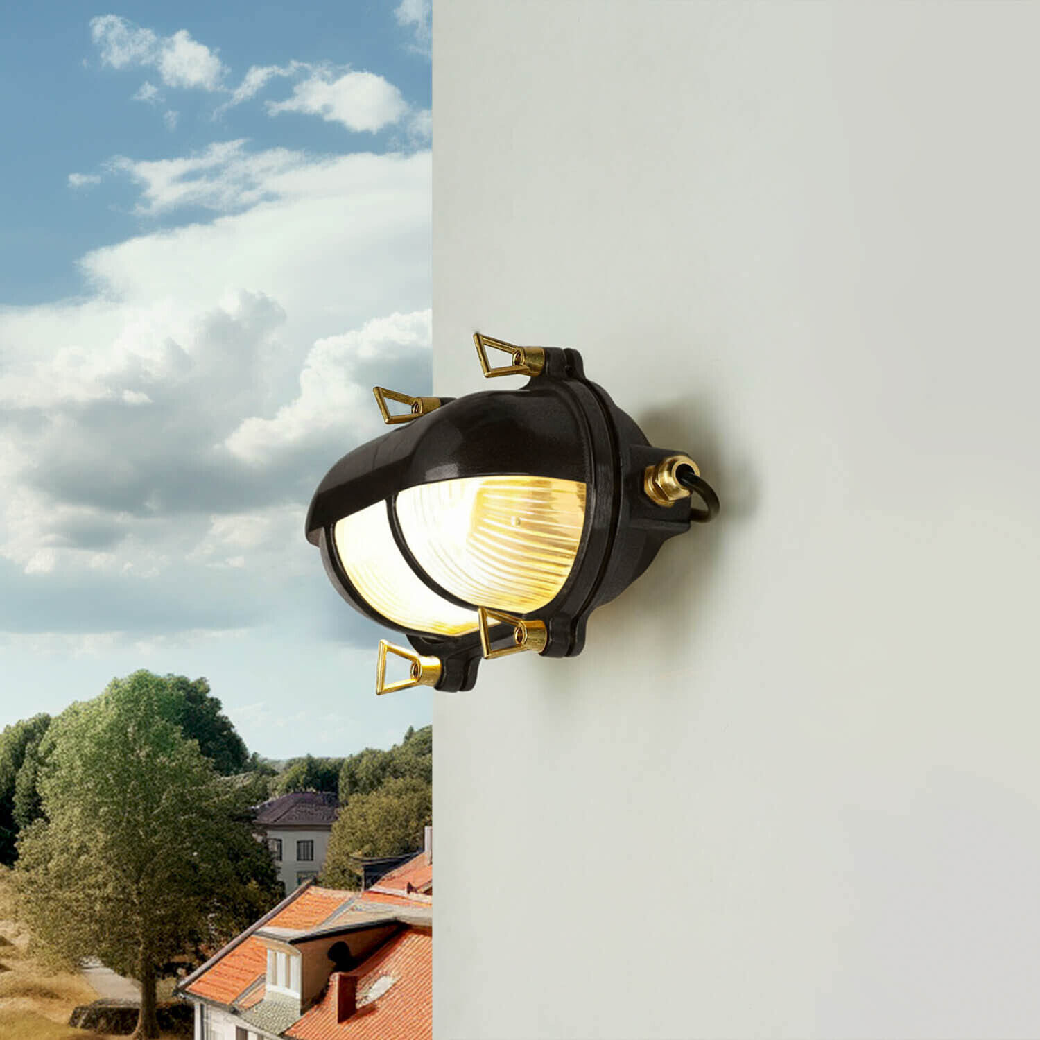 Wandlampe außen Messing Glas 21 cm breit IP64 Schwarz Beleuchtung, Leuchte