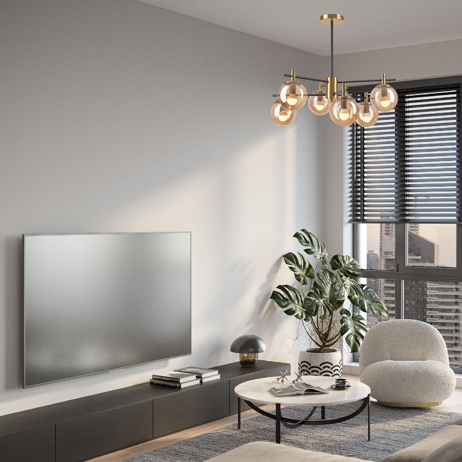 Deckenlampe Glas Metall in Gold Schwarz 6-flmg Modern wohnzimmer, pendelleuchte, globe-lampe, wohnzimmertisch, pflanze