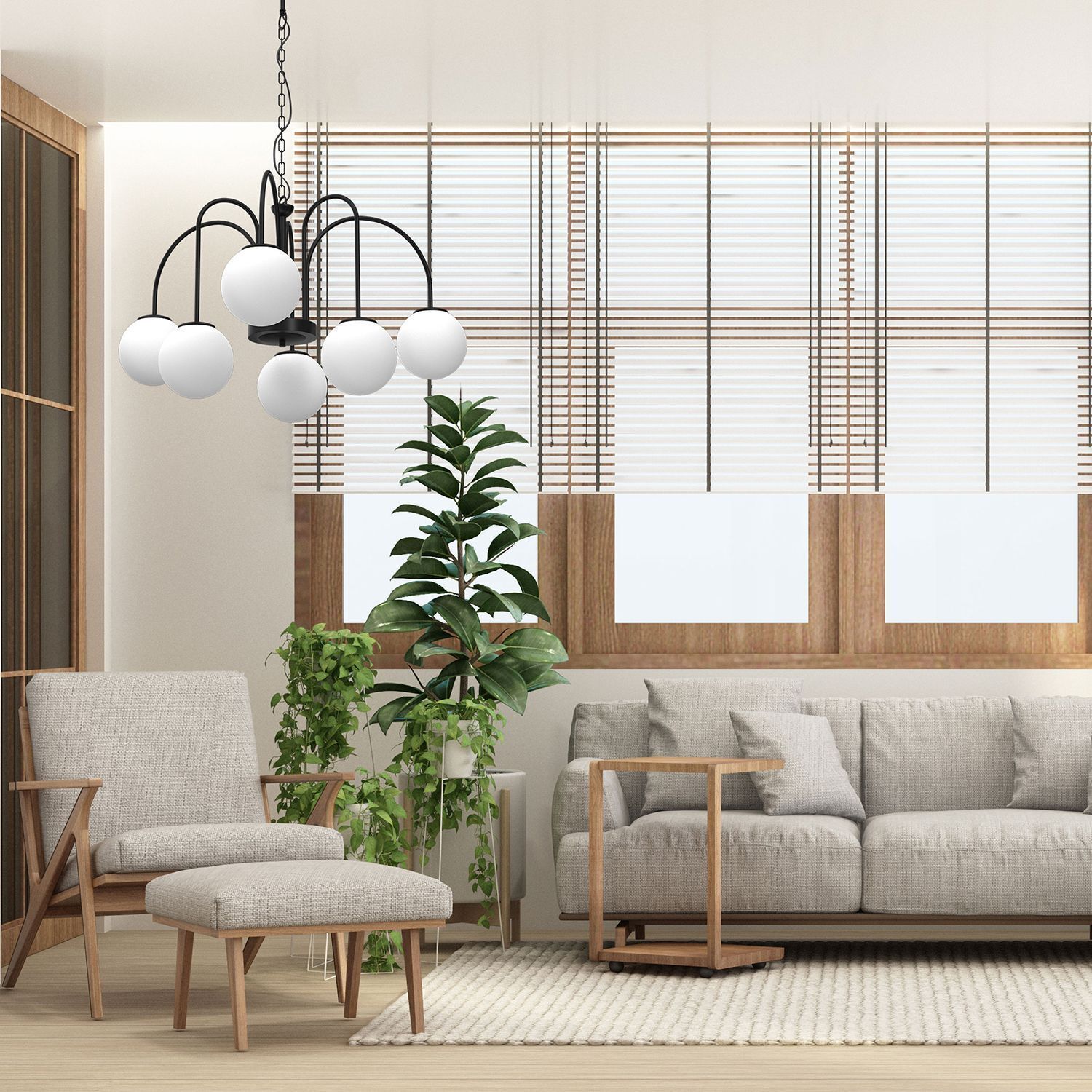 Hängelampe 6-flammig Glas Metall Ø65 cm E14 gemütlich Innenarchitektur, Inneneinrichtung, Mobiliar, Wohnzimmer, Pflanze