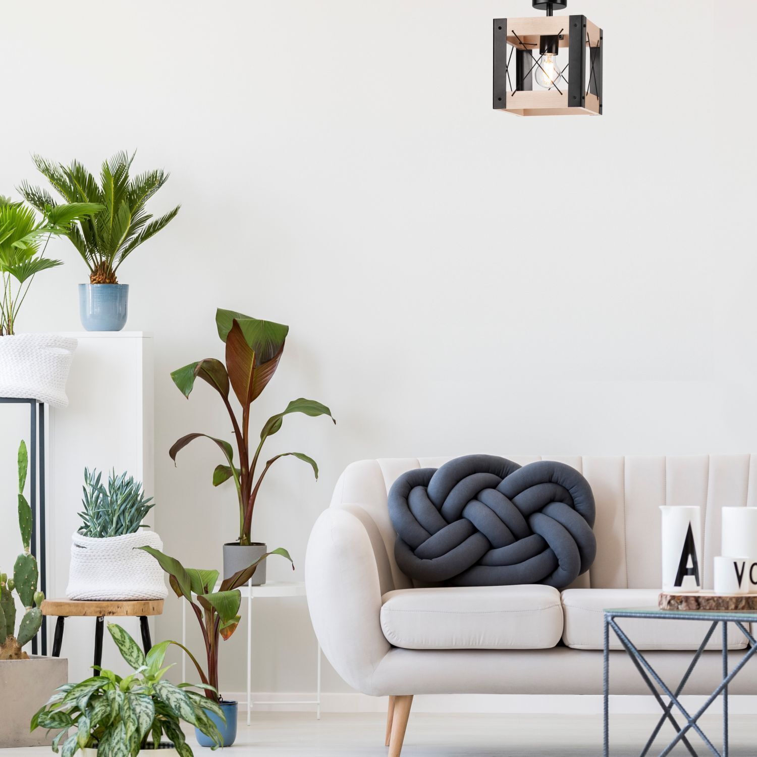 Deckenleuchte Rustikal eckig B: 20 cm klein E27 Holz Metall Innenarchitektur, Pflanze, Wohnzimmer, Topfpflanze, Dekoration für Ihr Zuhause