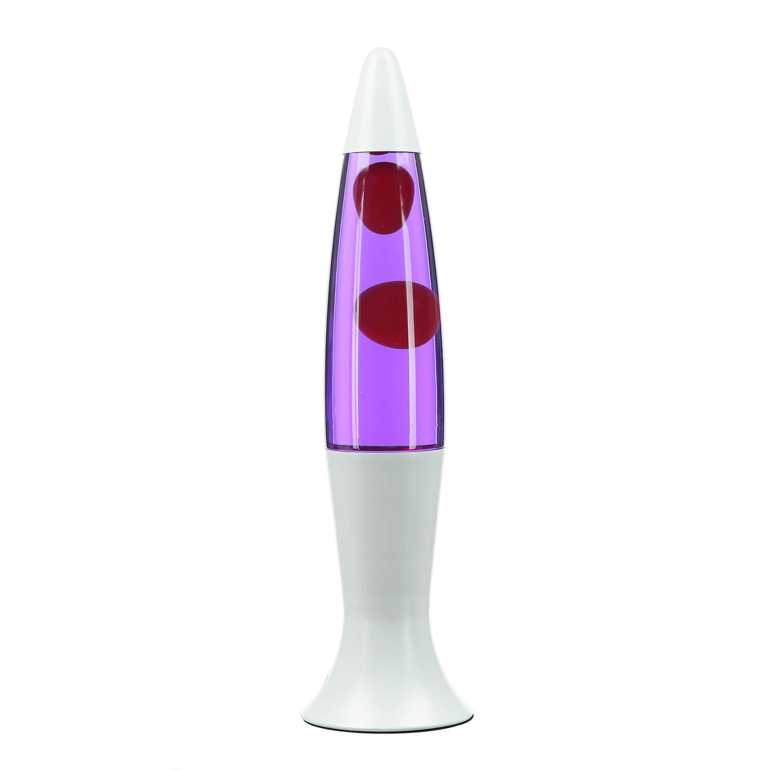 lavalampe-roxy-lava-lamp-lila-rot-gestell-weiss-matt-1 Lavalampe, lila Flüssigkeit, rote Blasen, transparent, Plasticbasis