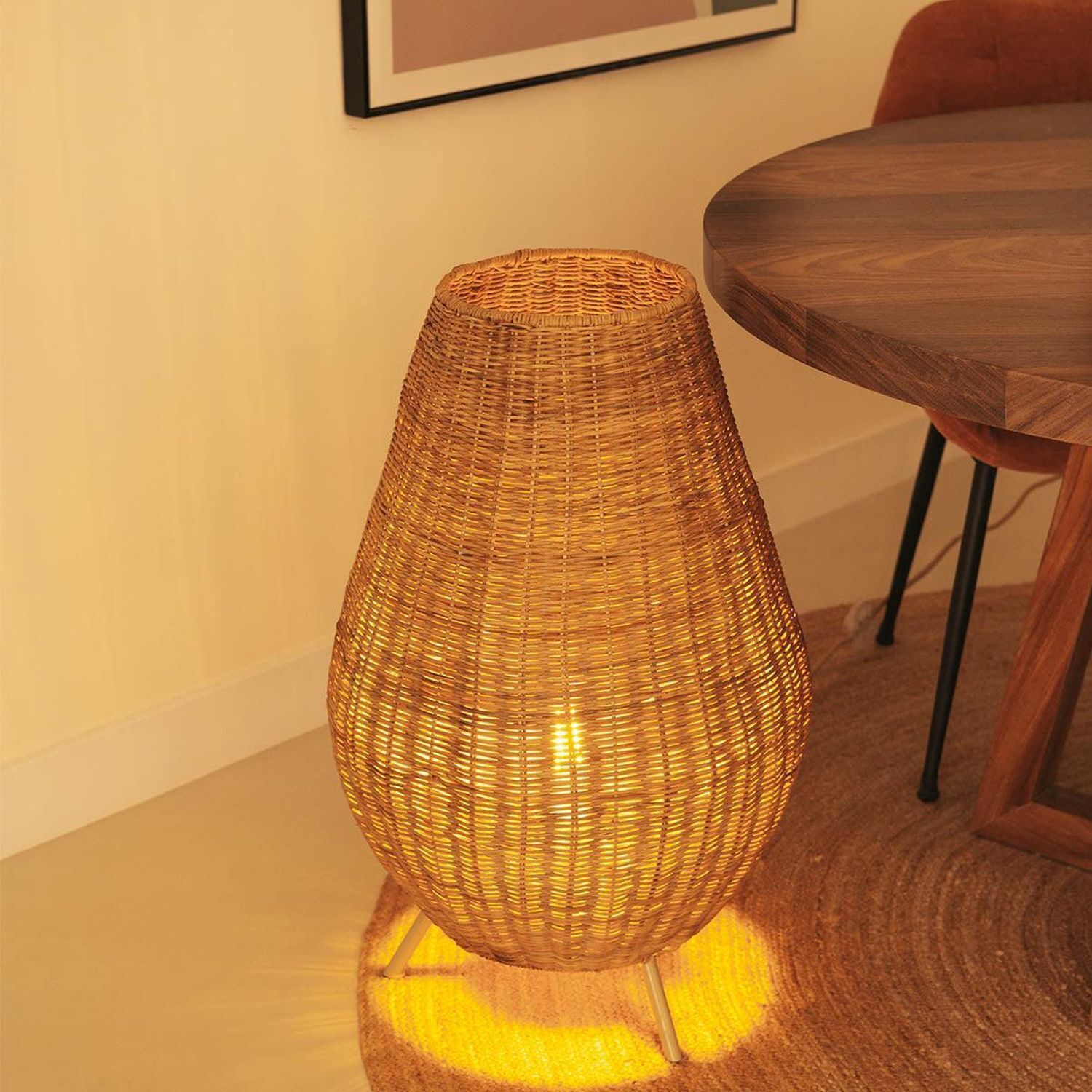 Lampe de table rotin 72 cm trépied câble fiche E27