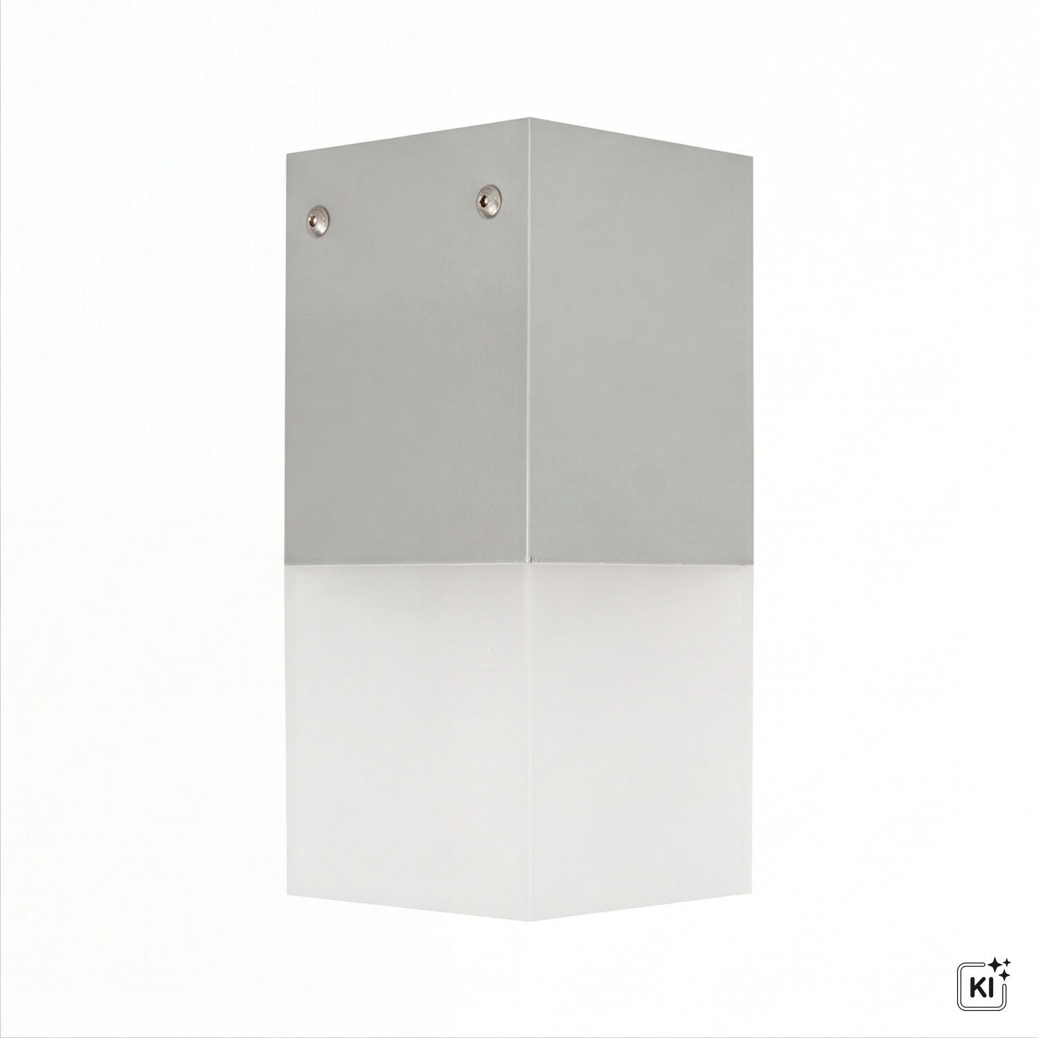 metallischer Würfel, Metallblock, silberne Farbe, zwei Schrauben, rechtwinkliges Prisma