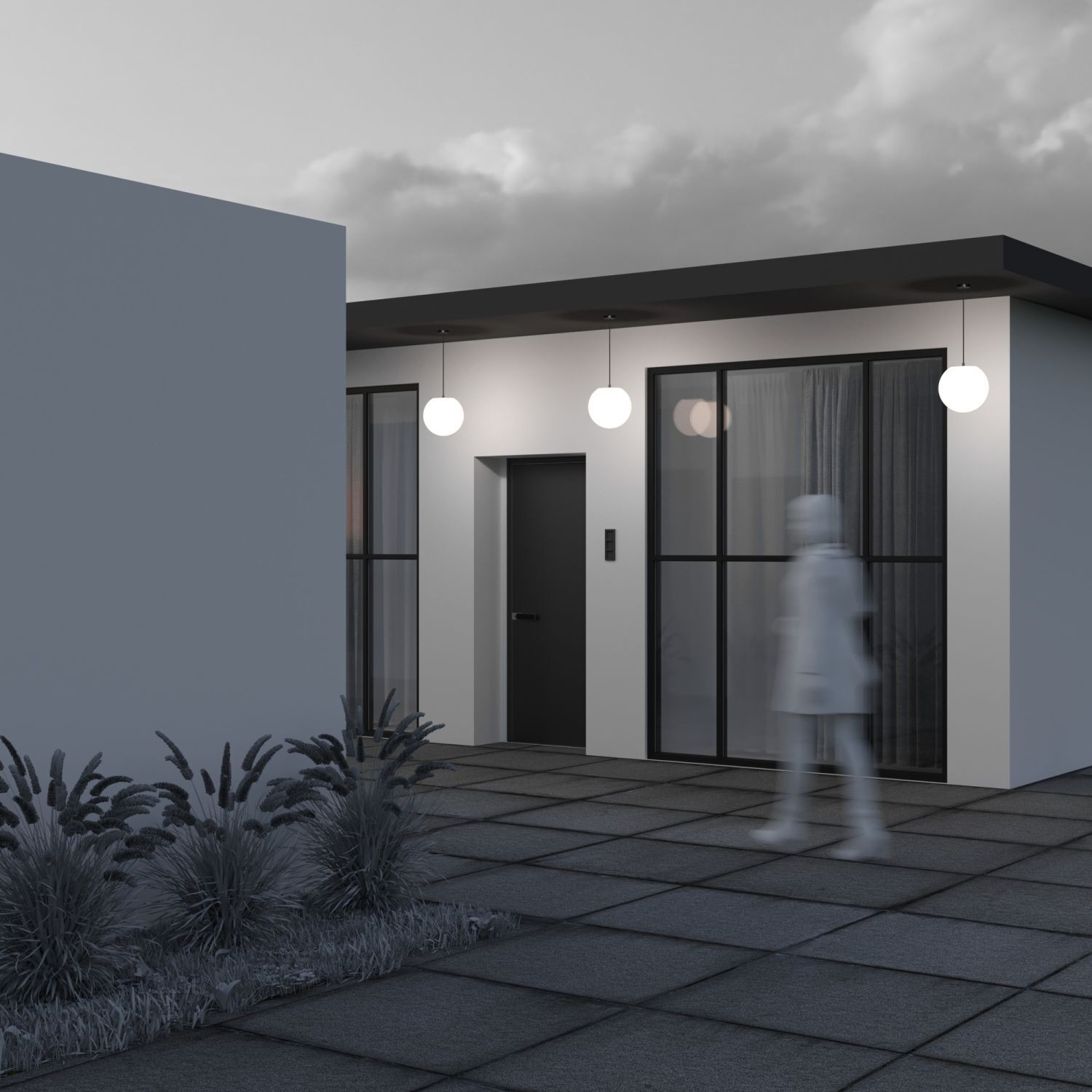 Außenlampe rund Ø 30 cm H: max. 150 cm IP54 Grau Weiß Tür, Person, Lampe