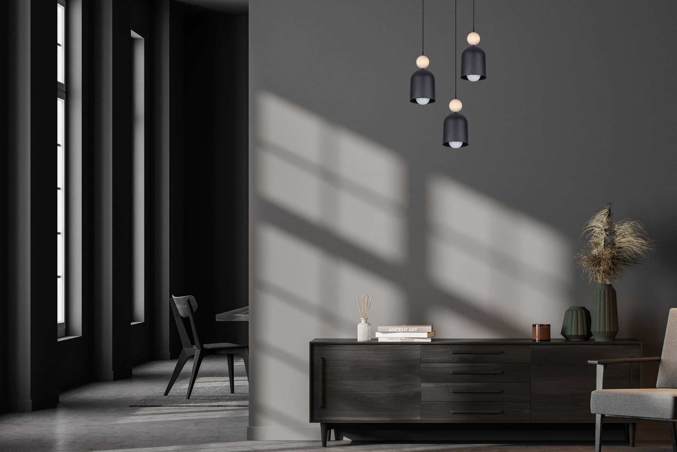 Lampe à suspendre ronde Noir Métal Bois 3-flmg E27 Ø36 cm Innenarchitektur, Stuhl, Mobiliar, Anrichte, Kabinett