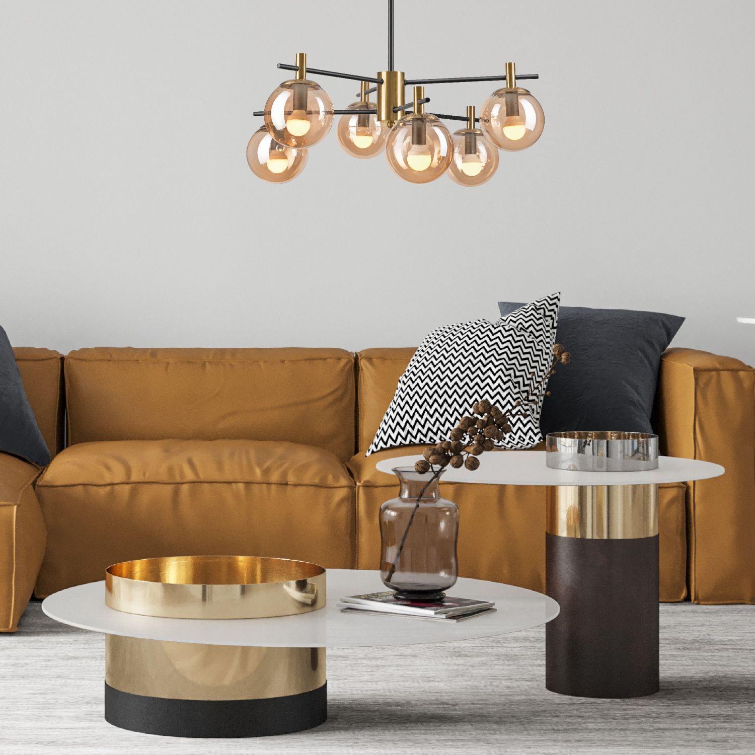 Deckenlampe Glas Metall in Gold Schwarz 6-flmg Modern Wohnzimmer, Sofa, Beistelltisch, Pendelleuchte, Kissen