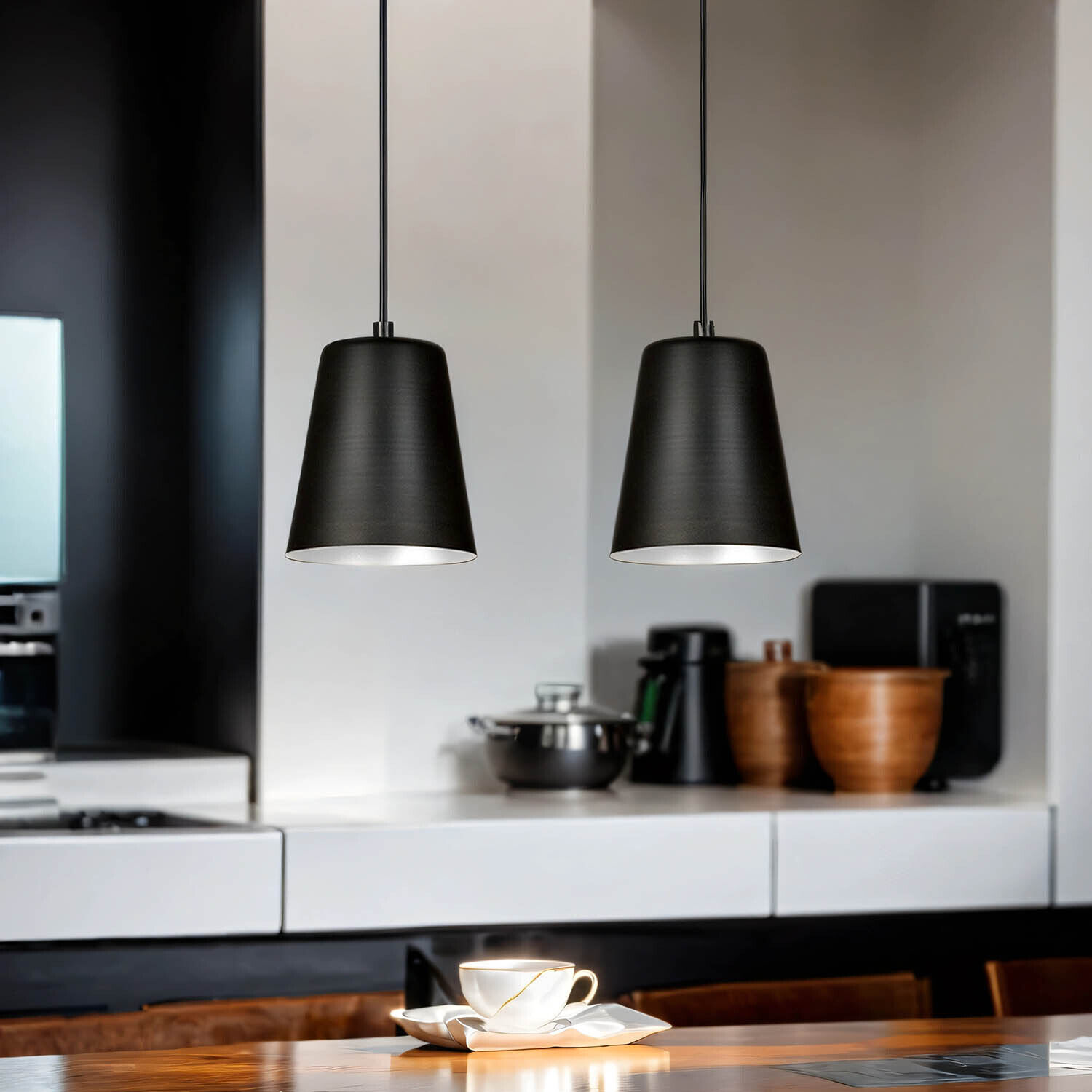 Pendelleuchte 2-flammig Schwarz höhenverstellbar Lampe, Drinnen, Innenarchitektur, Küche, Tasse