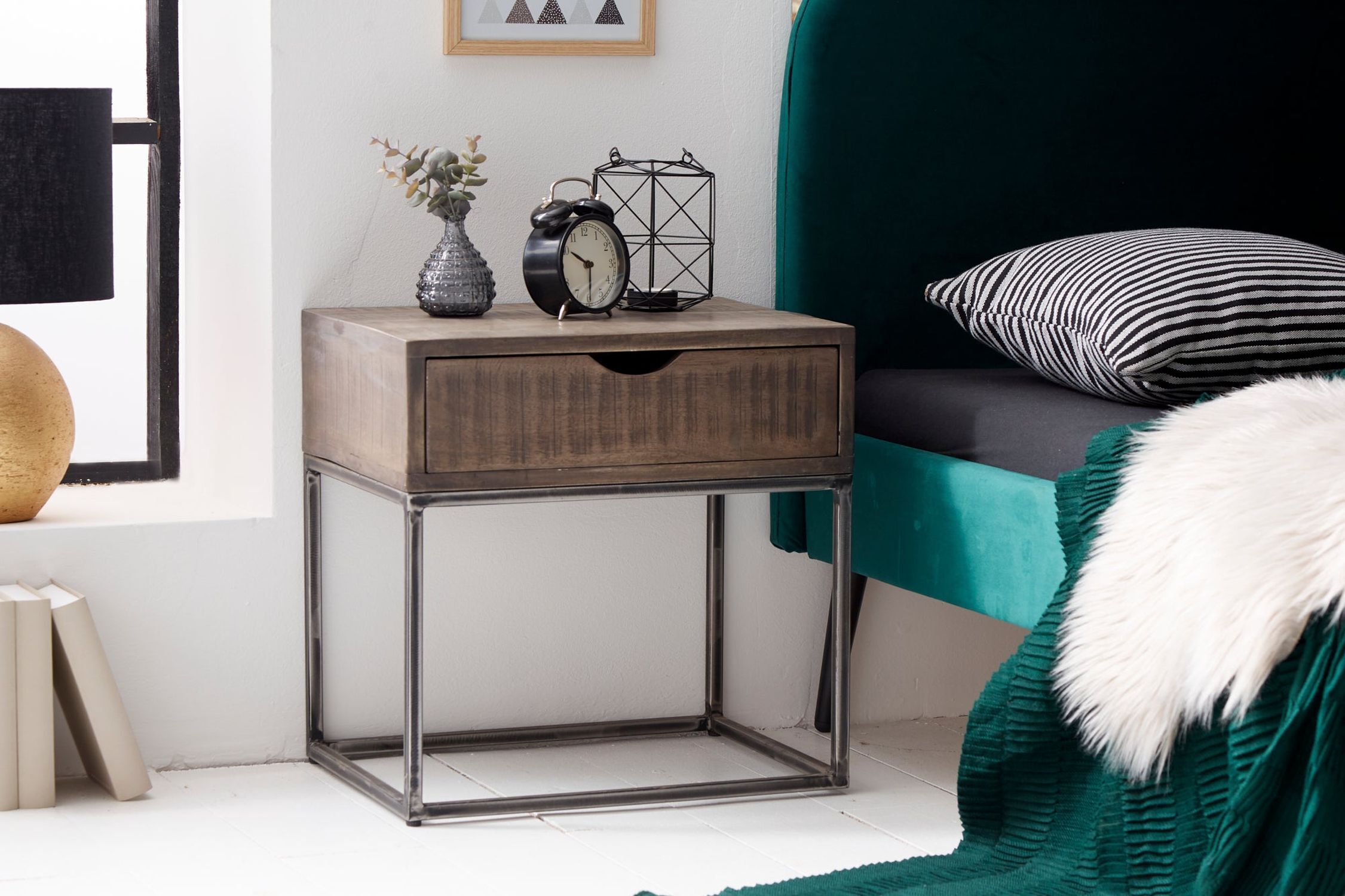 Table de nuit avec tiroir Bois d'acacia Métal Gris Noir