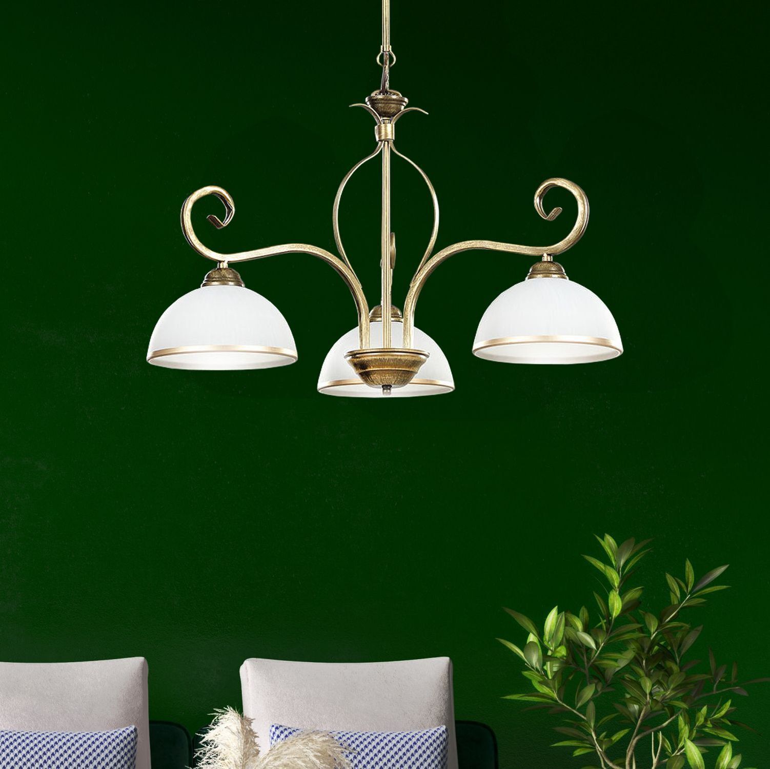 Deckenleuchte Gold Antik Weiß Glasschirm 3-flammig Leuchter, Lampe