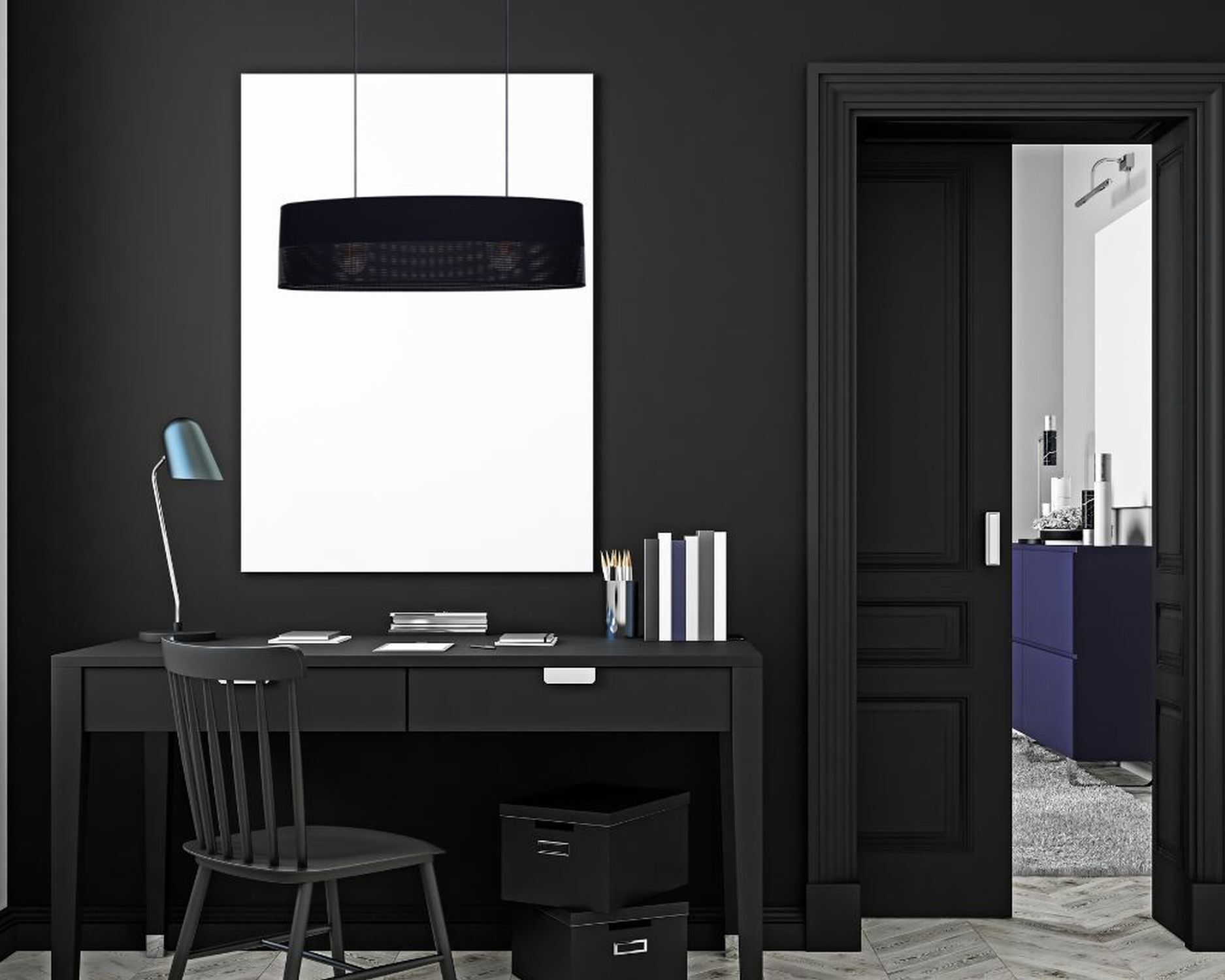 home office, Schreibtisch, schwarze Dekoration, Bürostuhl, Tischlampe