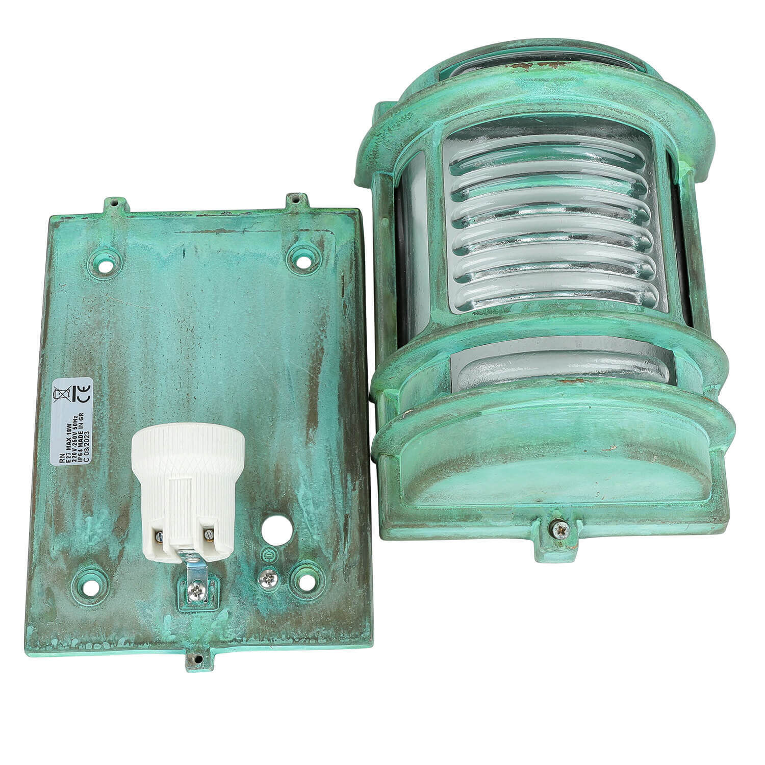 Lampe d'extérieur mur IP64 laiton verre vert antique E27