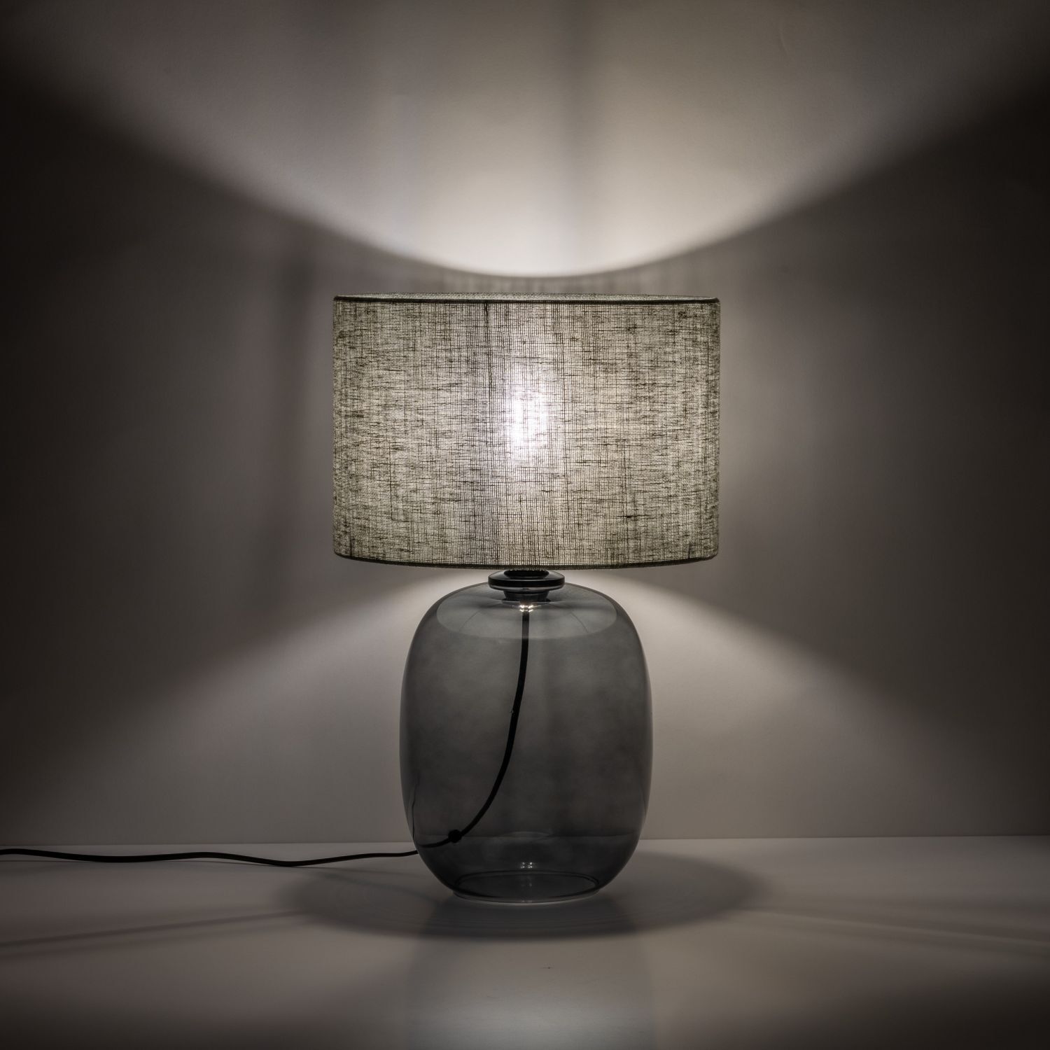 Lampe de table verre fumé tissu E27 H : 48 cm Ø 30 cm Gris Vert