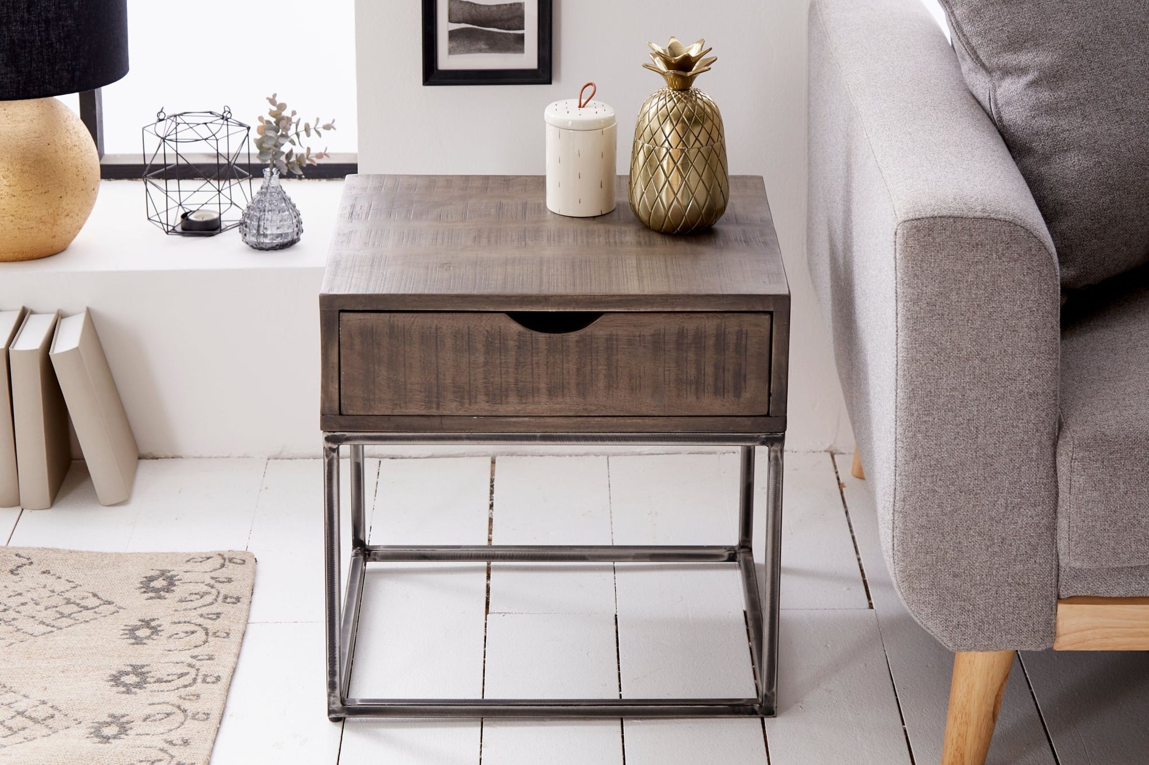 Table de nuit avec tiroir Bois d'acacia Métal Gris Noir