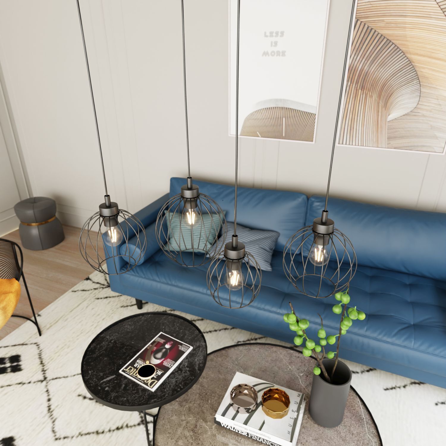 textured-blue-sofa, wohnzimmer, hängende-lampe, korb-licht, dekorative-tischdecke-table