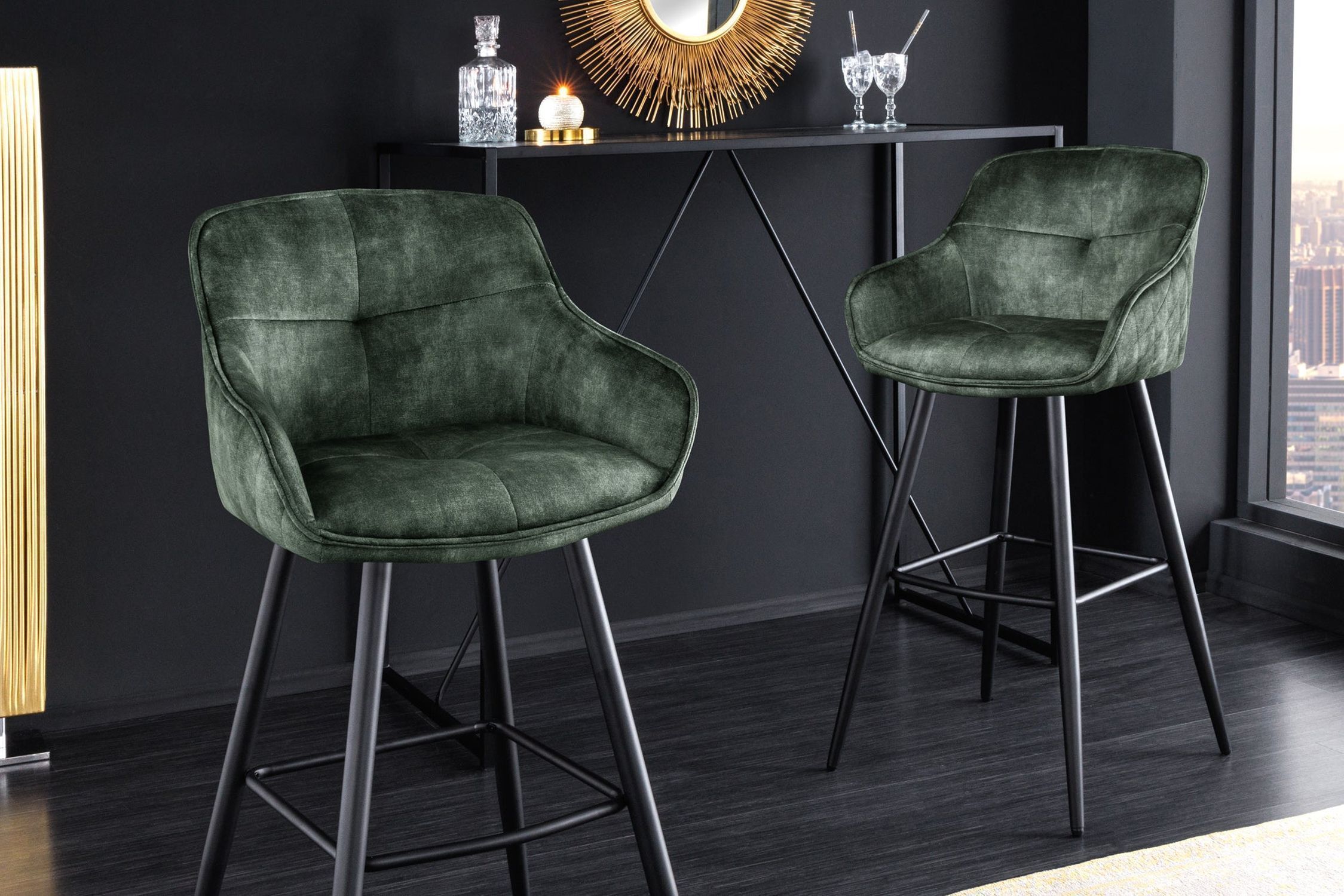 Tabouret de bar velours métal vert noir avec dossier repose-pieds Moebel, Drinnen, Innenarchitektur, Stuhl