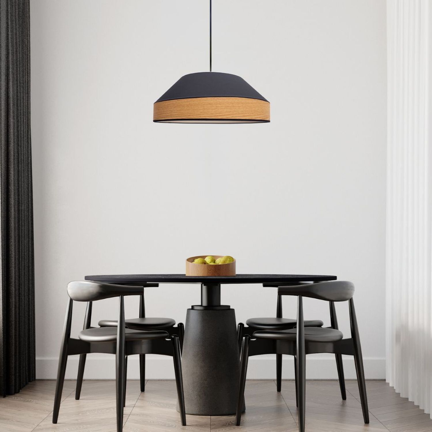 Runde Hängeleuchte Stoff wohnlich Schwarz Natur B:45 cm Esstisch, runder Tisch, schwarzer Tisch, Holzrand, moderner Esstisch