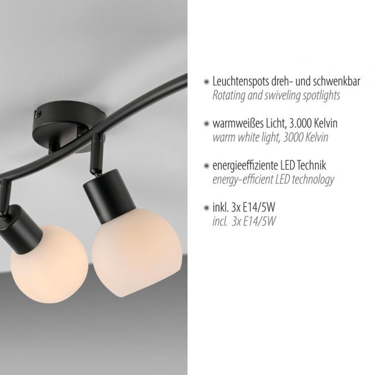 Spot de plafond verre métal incl E14 3000 K flexible