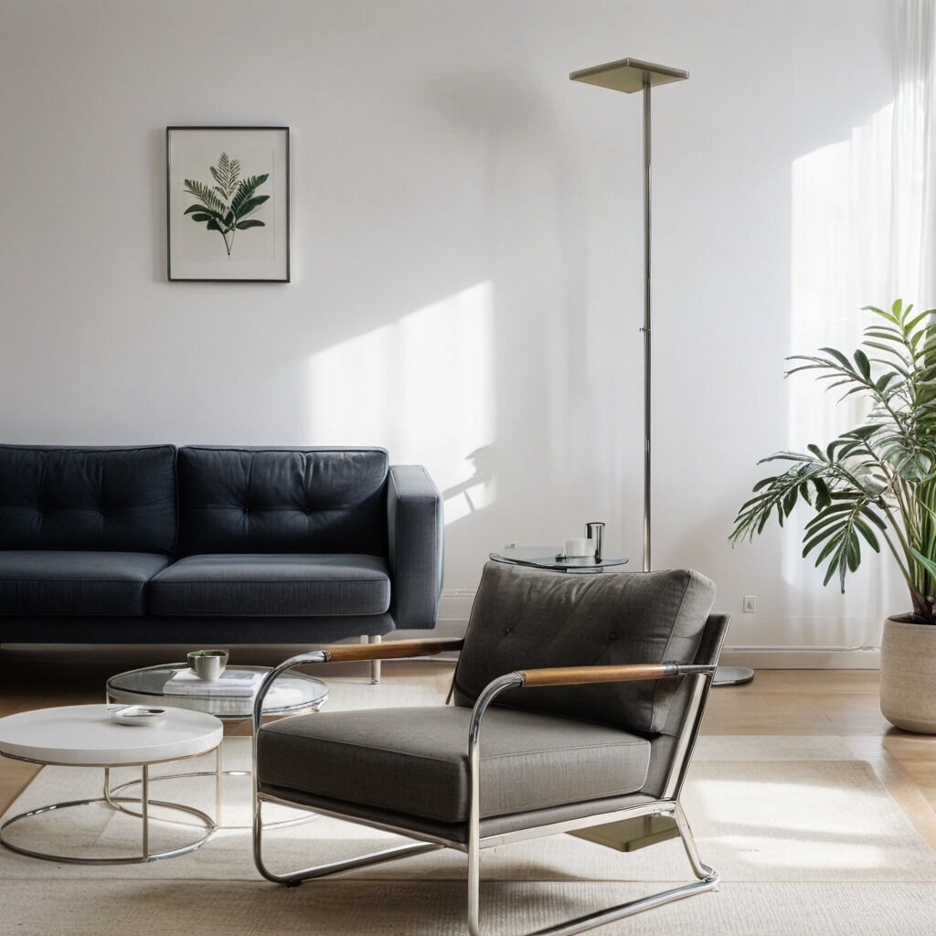 Bauhaus LED Stehlampe 2700K in Messing Lampe, Pflanze, Mobiliar, Stuhl, Couch