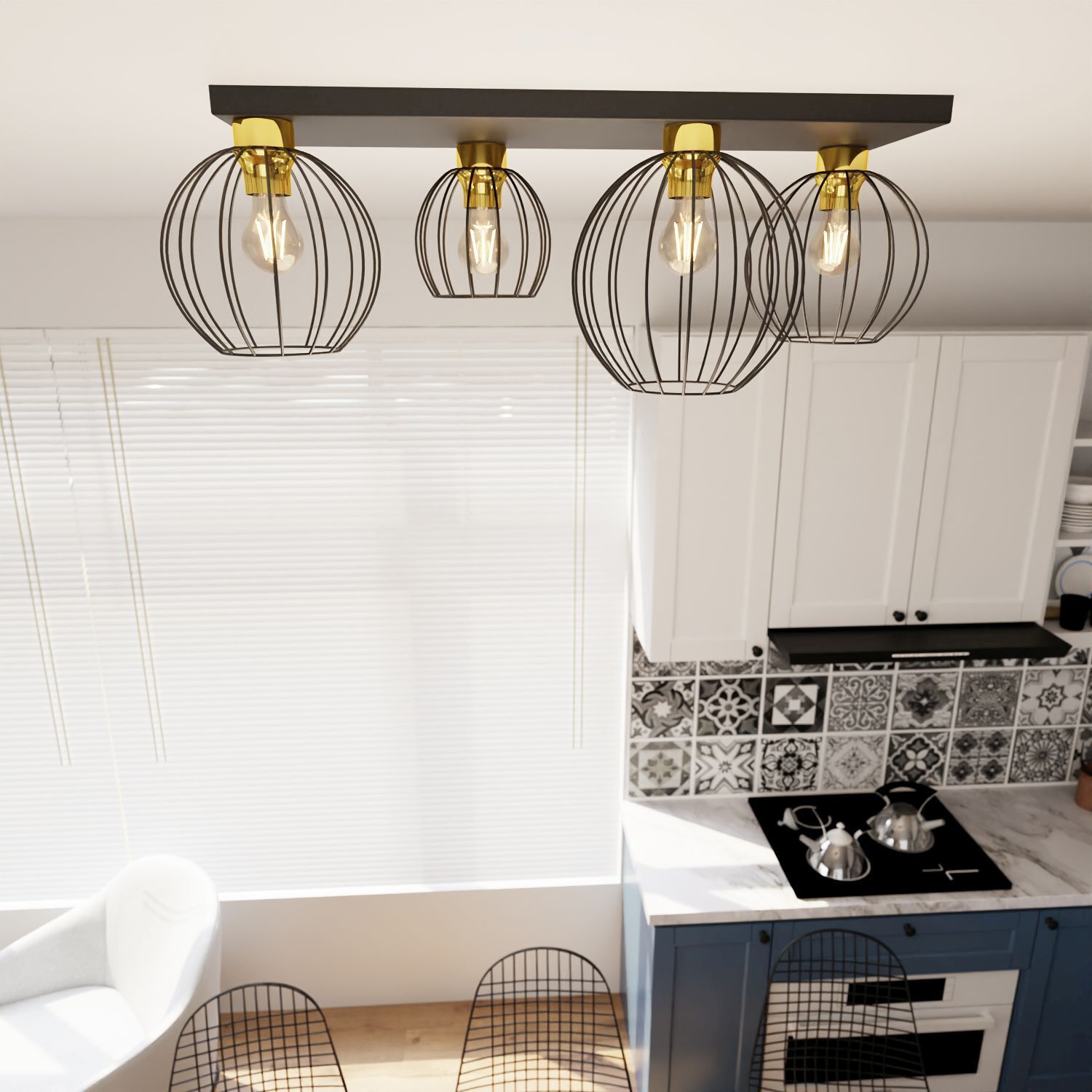 Plafonnier élégant noir or métal E27 L:70 cm Leuchte, Drinnen, Küche, Kronleuchter, Innenarchitektur