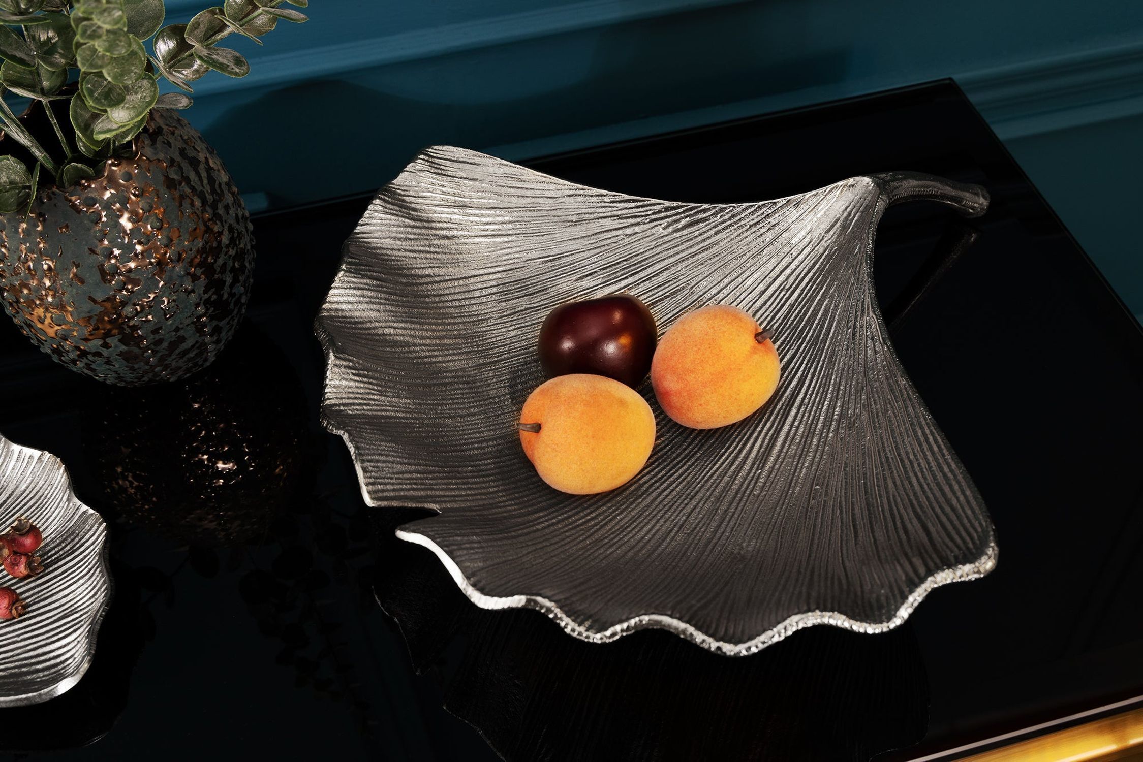 Coupe décorative en argent fait main 42 cm Ginko Design Asiatique Essen, Obst, Pflanze, Produzieren, Präsentation des Essens