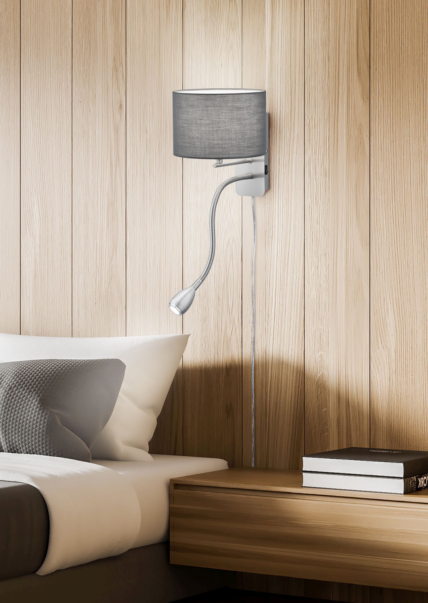 Wandlampe mit Schalter Stoff Metall E14 LED Nickel Grau Lampe, Drinnen, Innenarchitektur, Stehlampe