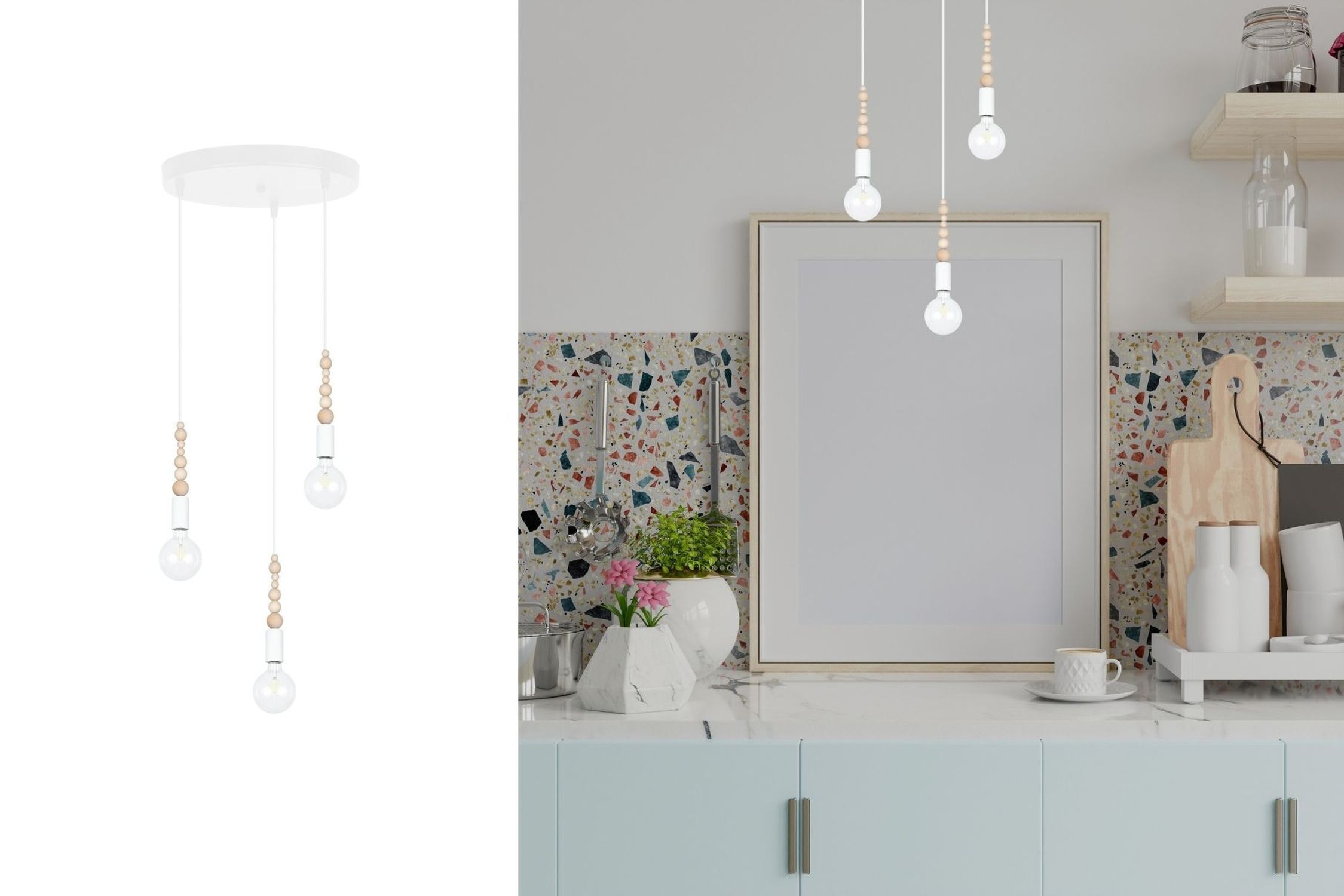 Pendelleuchte Holz Metall Weiß E27 Ø30 cm rund 3-flmg pendant light, hängende lampe, Holzperlen, Glühbirne, Beleuchtung Innenraum