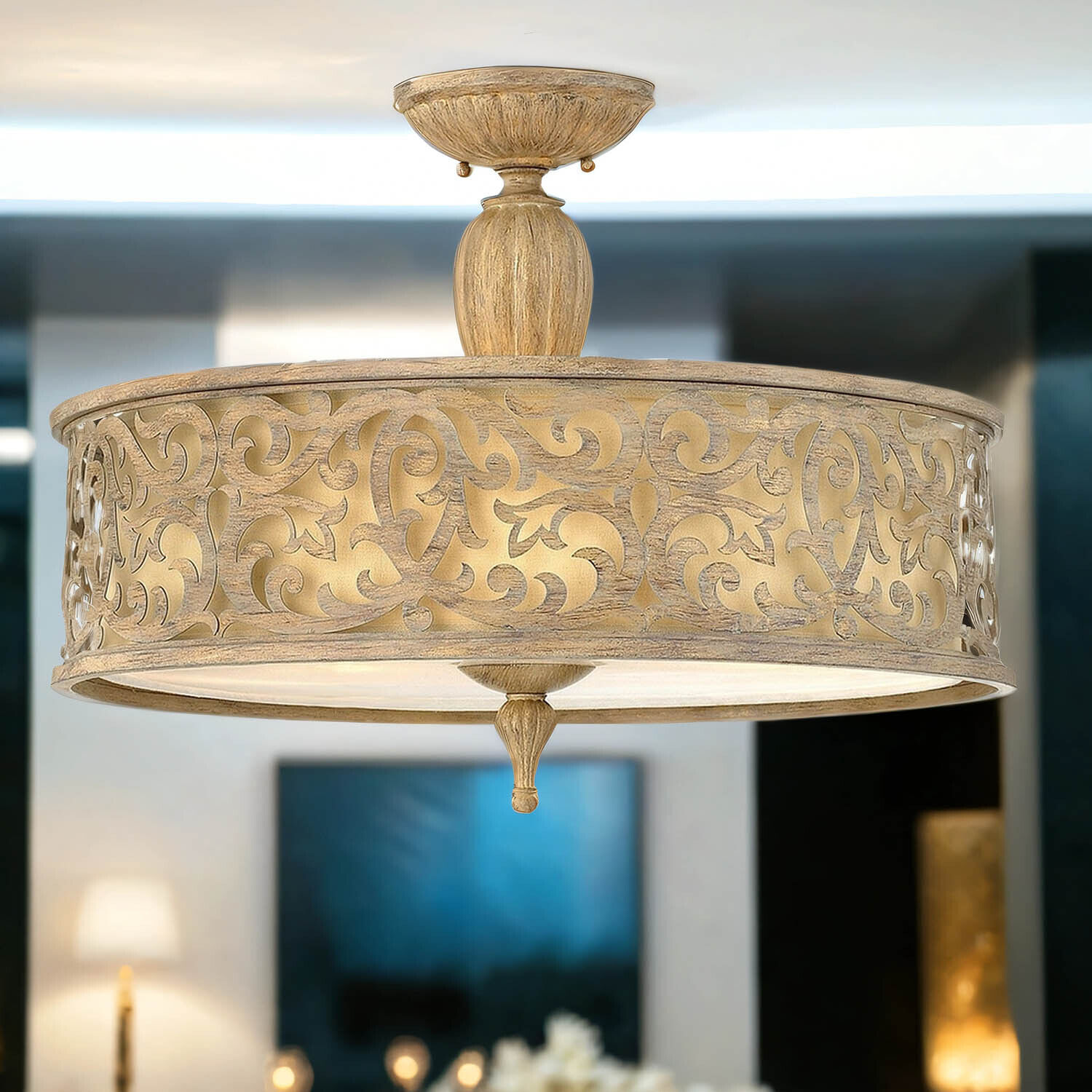 Plafonnier salon vintage rond métal lin