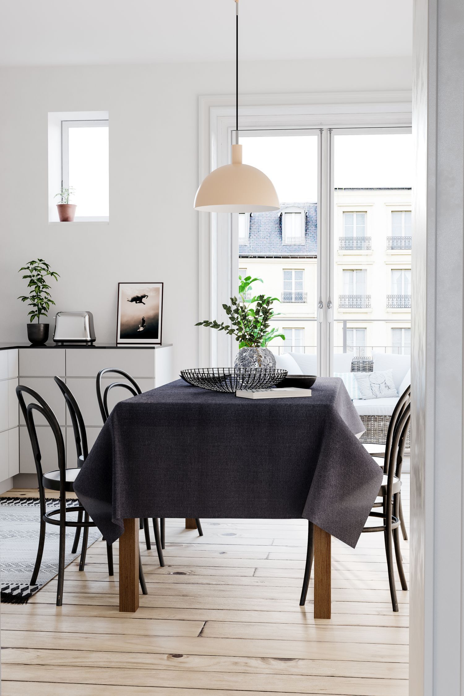 Esstisch, Tischdecke, Indoor, Holzboden, Blumen-Topf