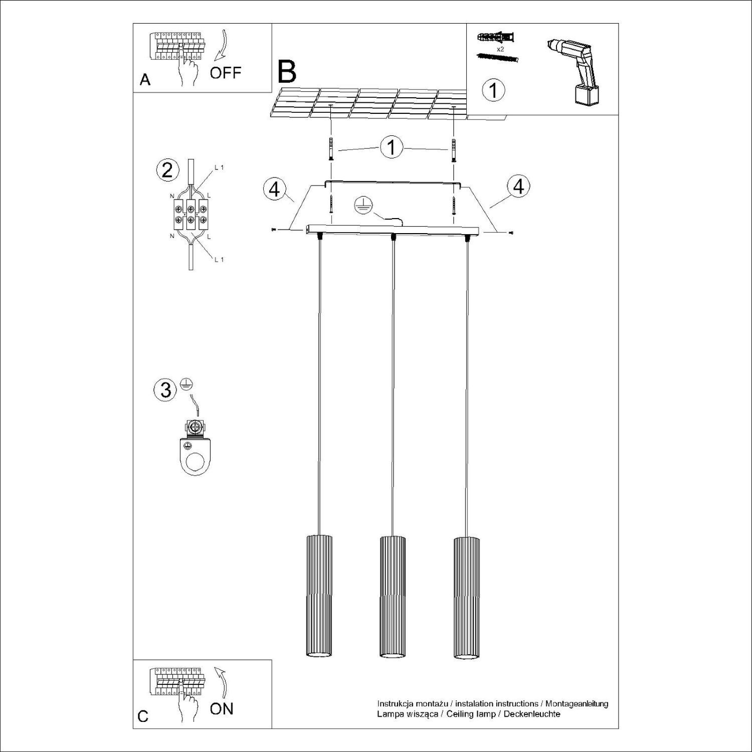 Suspension à 3 flammes GU10 L : 45 cm Noir Moderne BERTA CAD-Diagramm, Diagramm