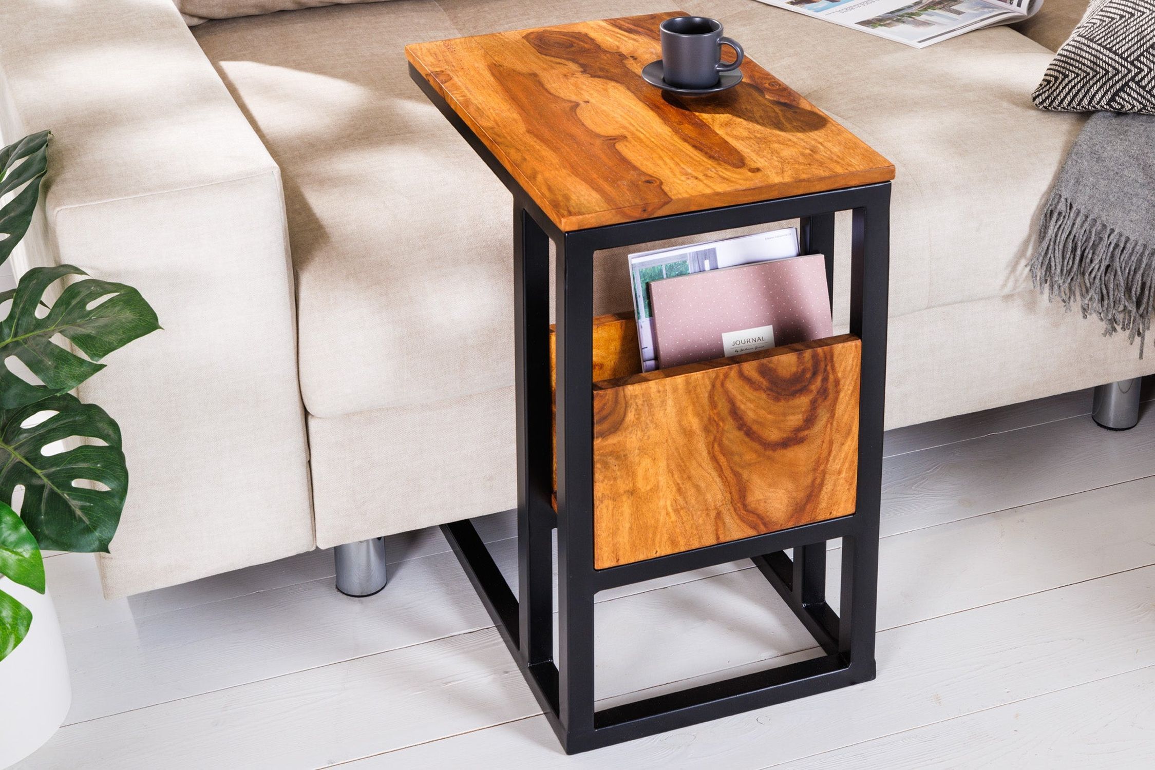 Beistelltisch Sheesham Holz Metall 45 x 30 cm Holz, Hartholz, Mobiliar, Tabelle, Gebeiztes Holz