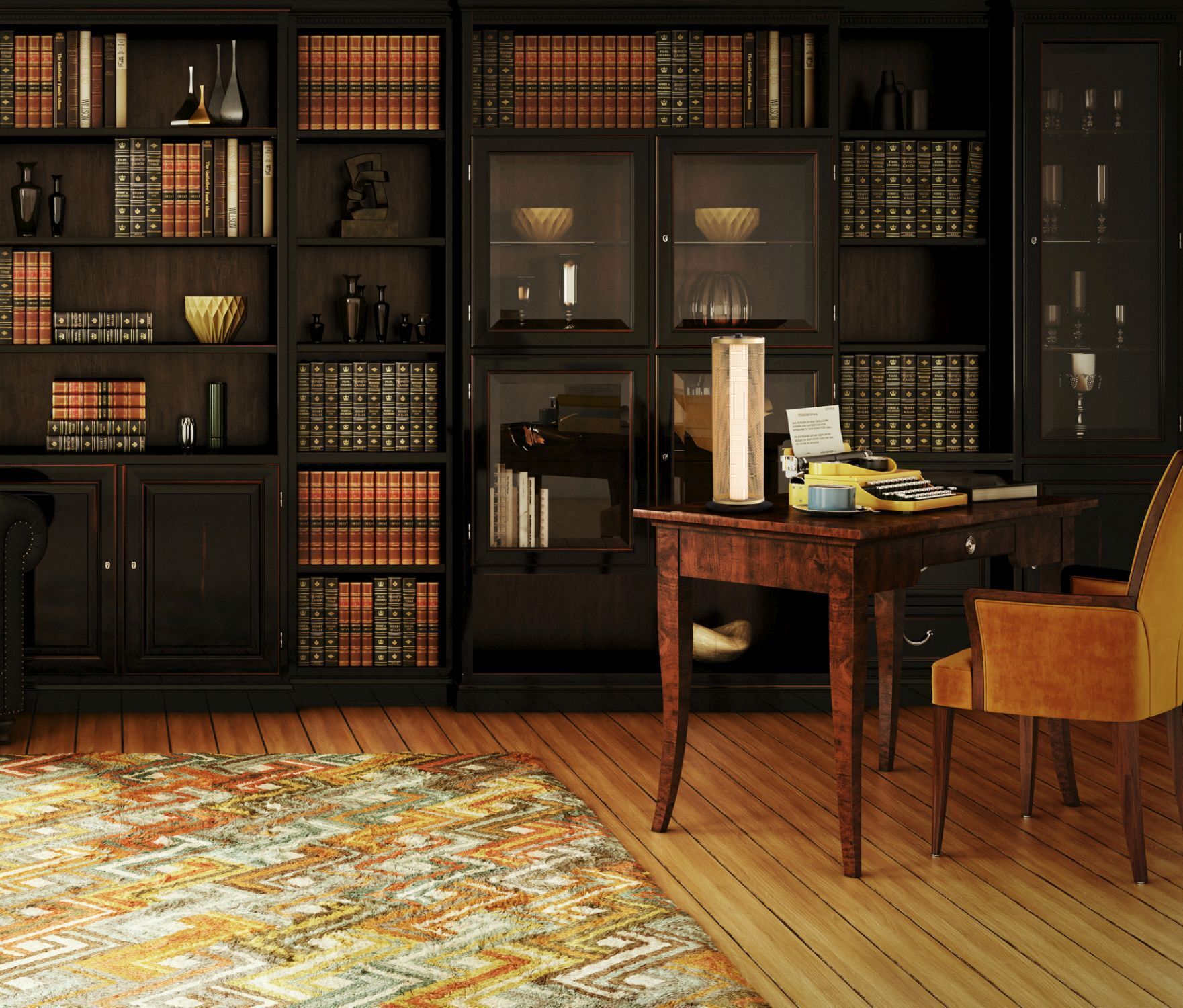 bücherregal, bibliothek, wohnzimmer, schreibtisch, antiklook