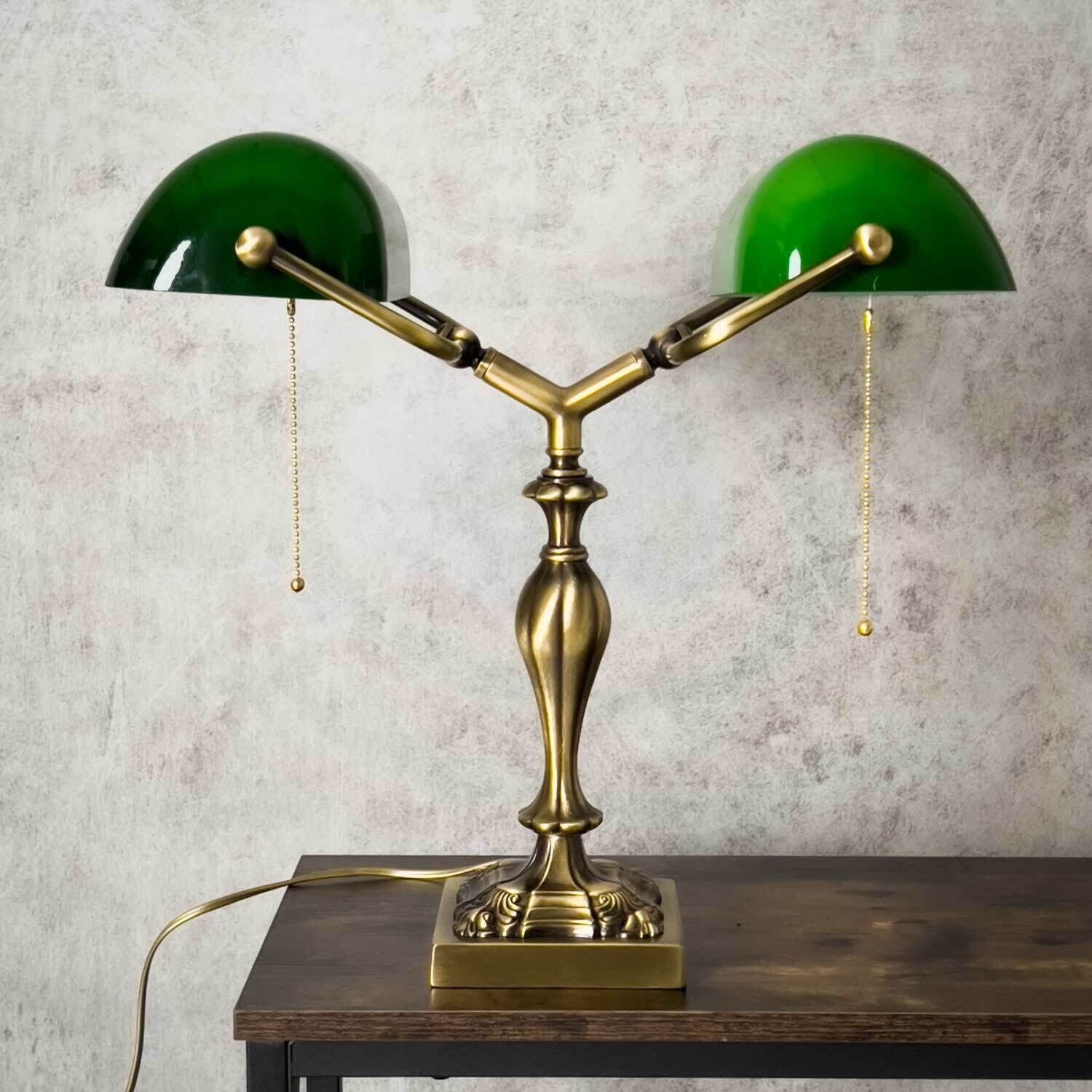 Lampe de banquier 42,5 cm 2 flammes E27 laiton véritable Interrupteur à tirette